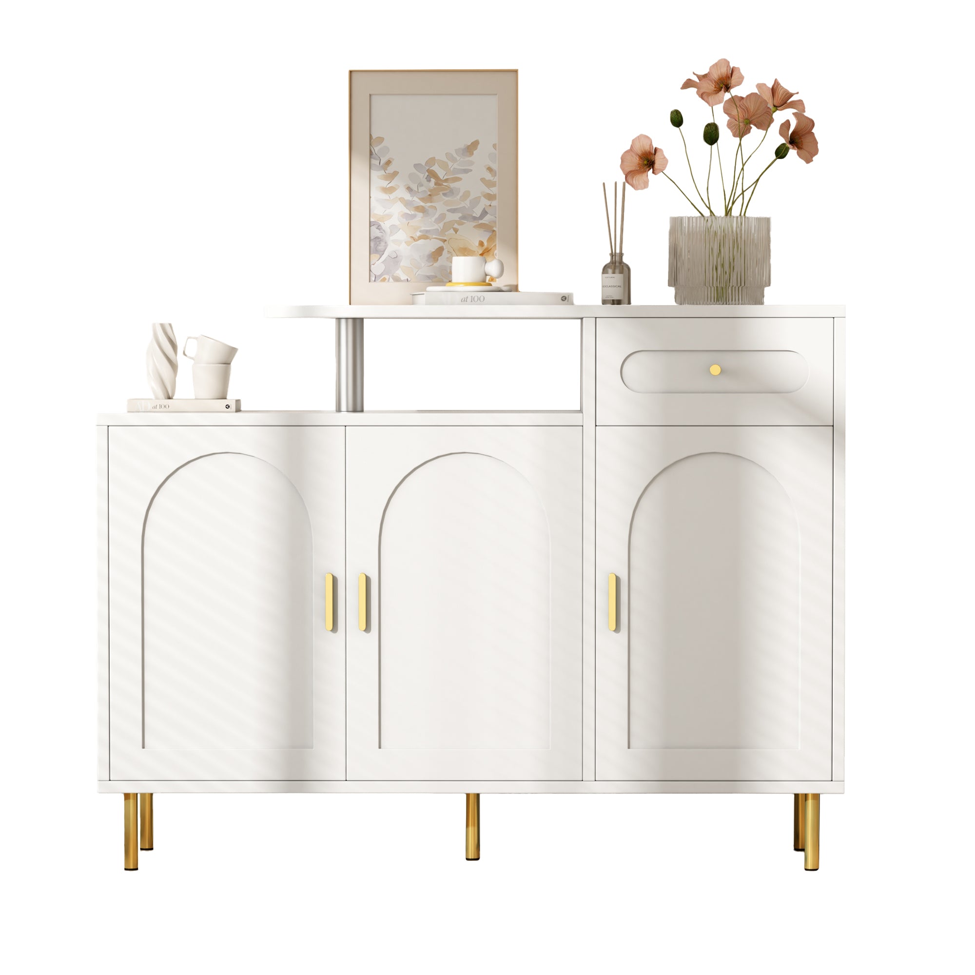 Chest of Drawers with Metal Handles, 1 Drawer, 3 Doors, on Metal Feet, White