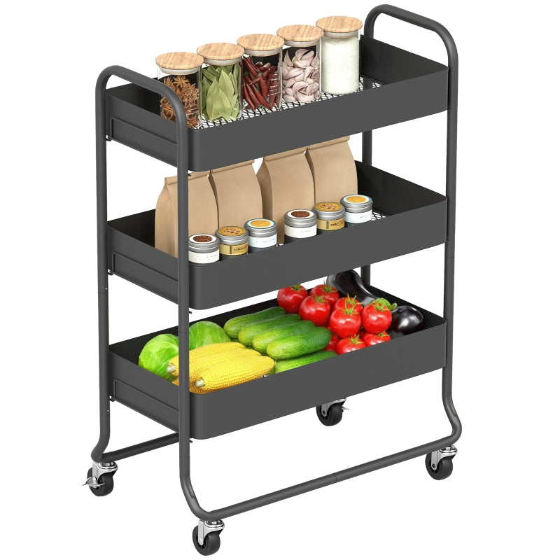 3-Tier Storage Trolley Rolling Utility Cart with Mesh Baskets Black