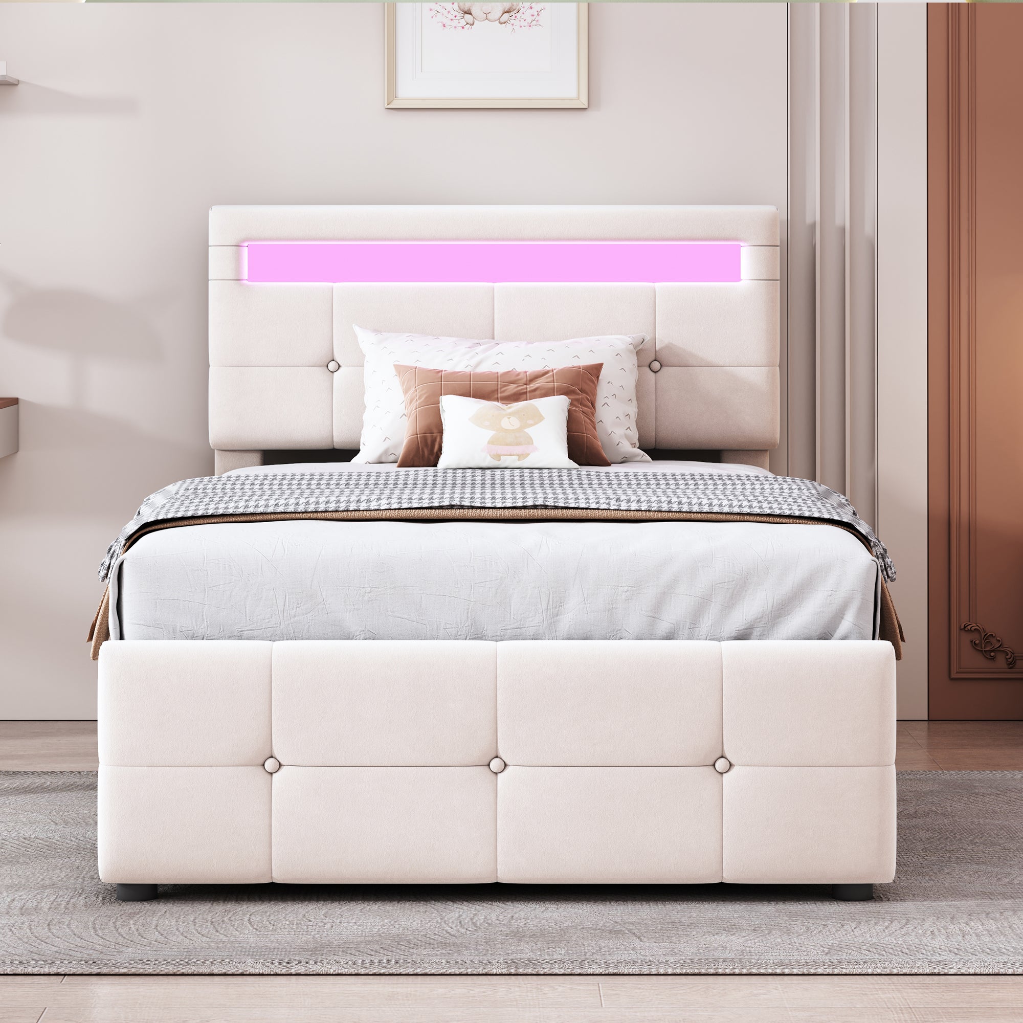 Upholstered Children's Bed 90x200cm, LED, Hydraulic Storage, Adjustable Headboard, Velvet Beige