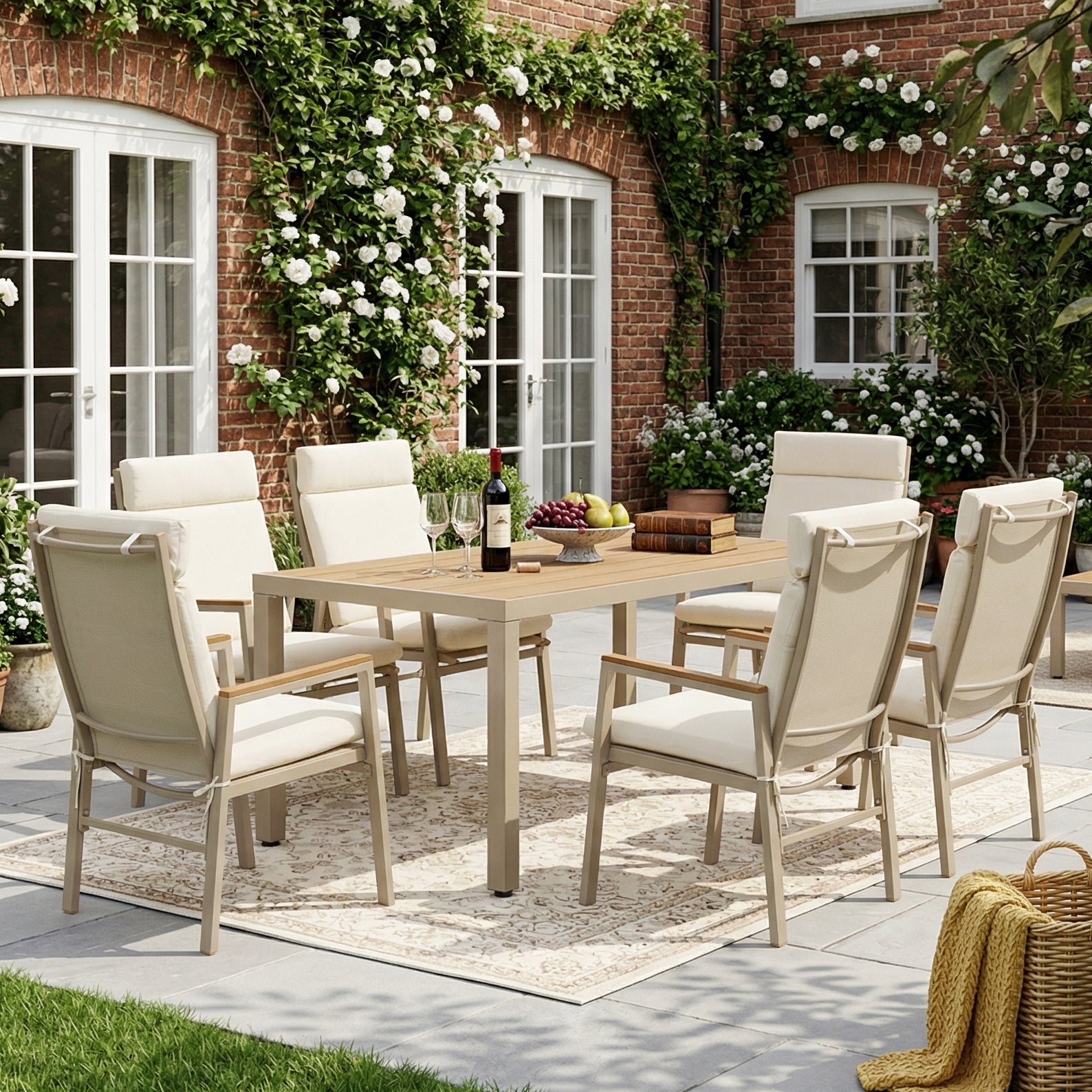 Garden Dining Set, 7-Piece Furniture Set for 6 People with 1 Table and 6 Chairs, Galvanized Iron and Plastic Wood, Khaki and Beige
