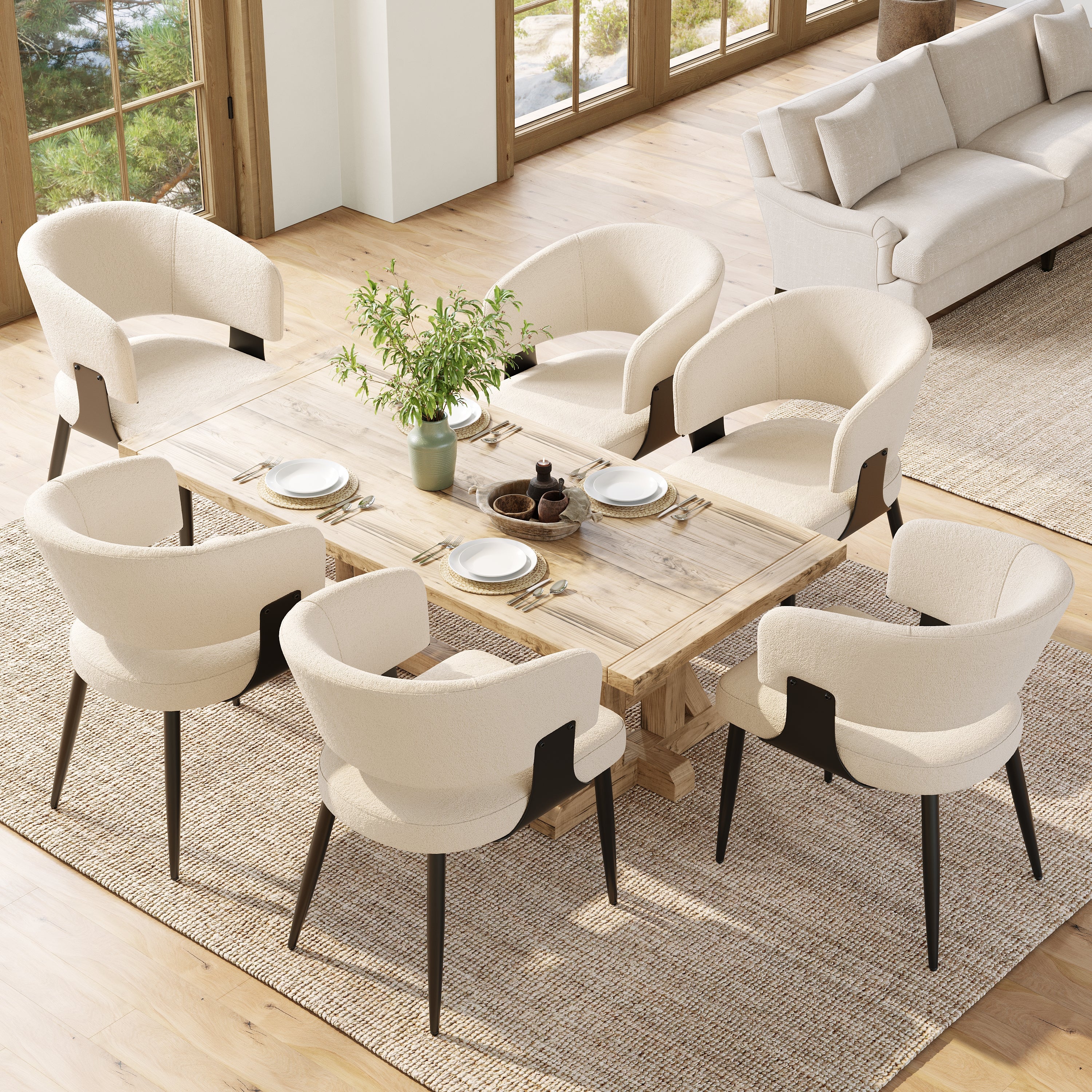 Dining Chair Set of 6 with Curved Backrest and Ergonomic Design, Flannel, Beige and Grey