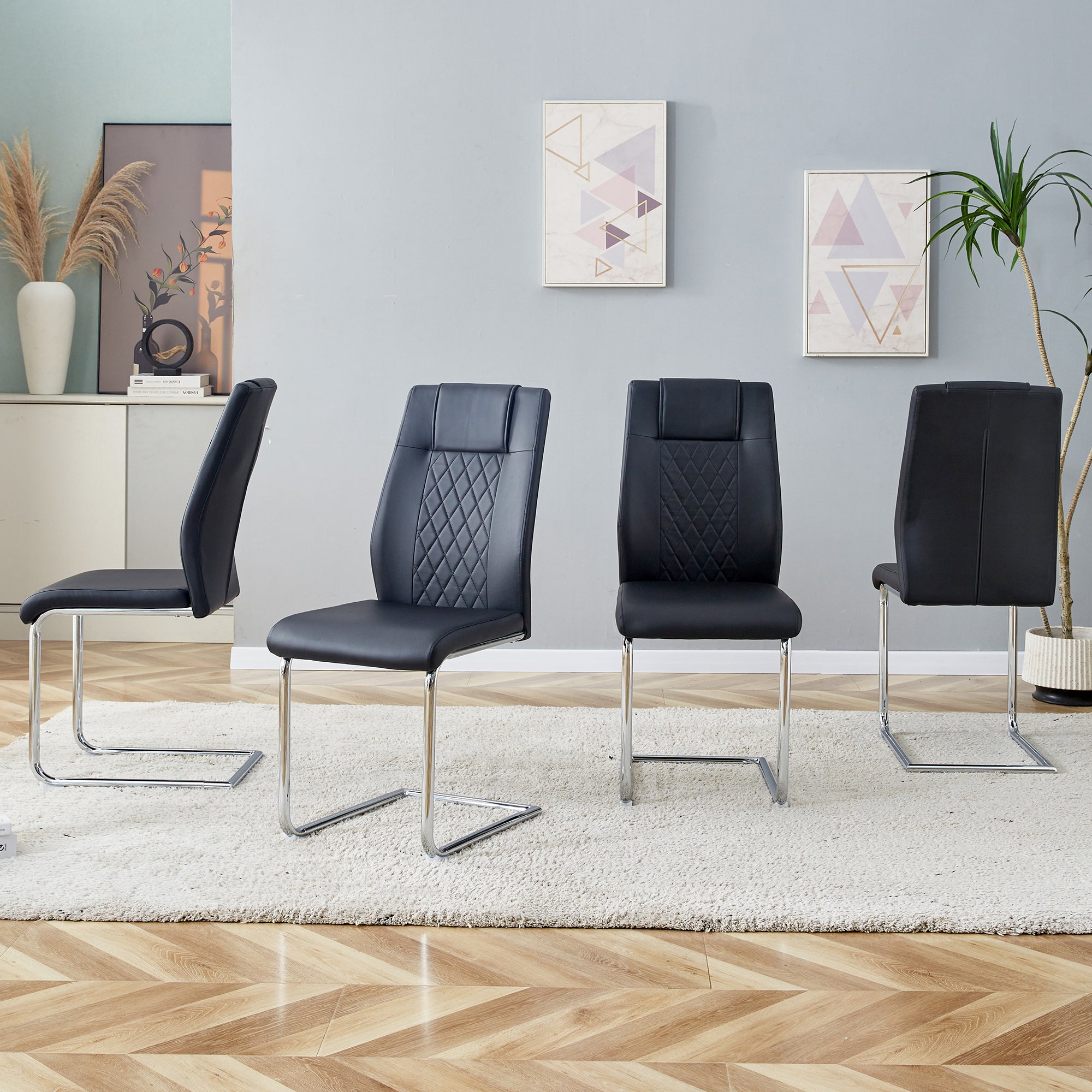 Dining Chair, Nordic Style Mesh Stitching with Silver Metal Legs, Black PU