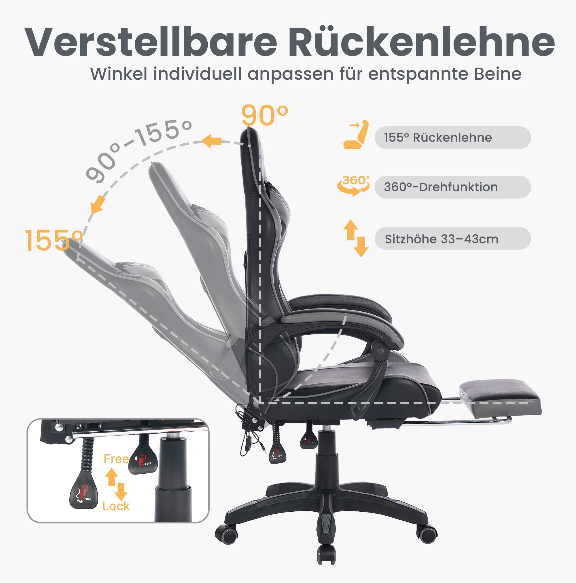 Gaming Chair Ergonomic Racing Design High-Back Adjustable Footrest & Lumbar Support Leather - Black & Grey