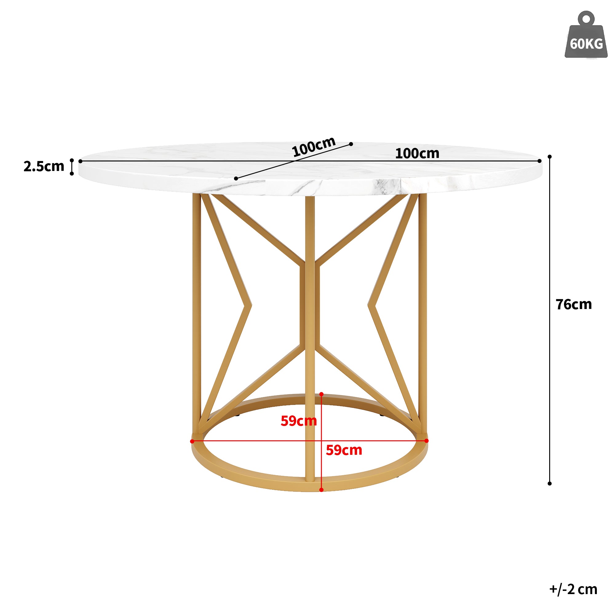 Round Dining Table 100cm Marbled MDF Geometric Metal Legs - Gold Accents