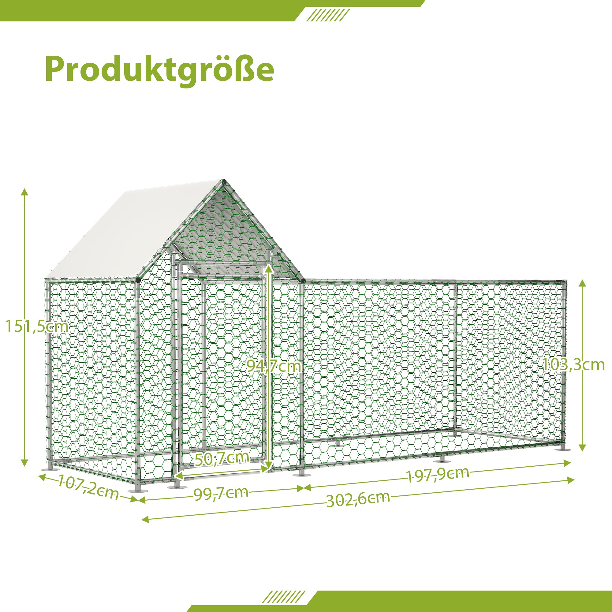 Chicken Coop/Run 3x1x1.5m Safety Lock Waterproof PE Metal Enclosure