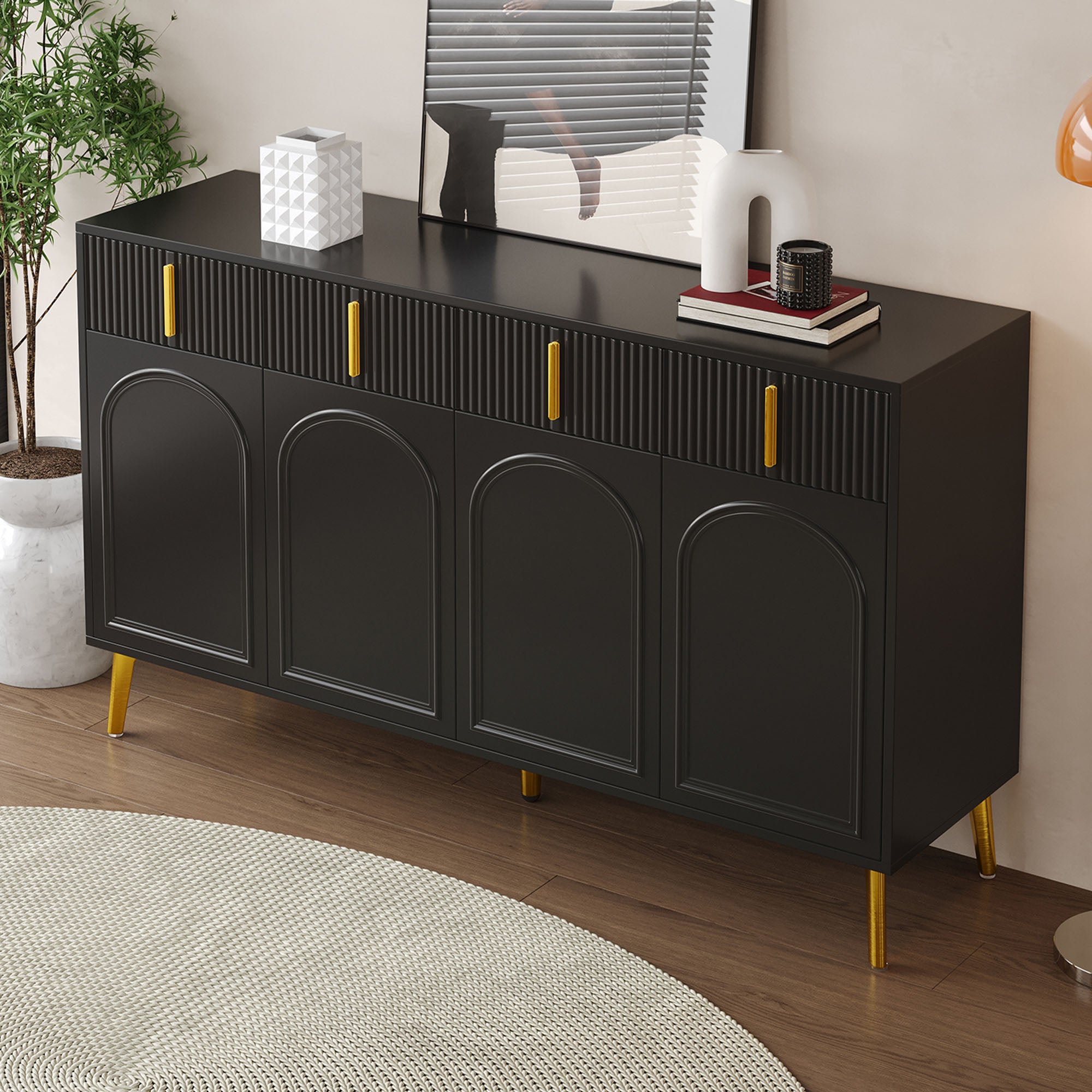 Sideboard, 4 Doors 4 Drawers, Gold Accents