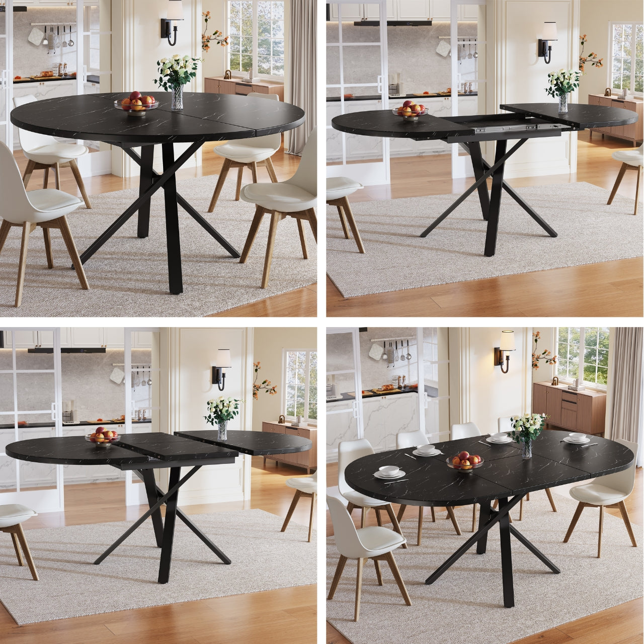 Round Extendable Dining Table, X-Metal Frame, Marble Look Black