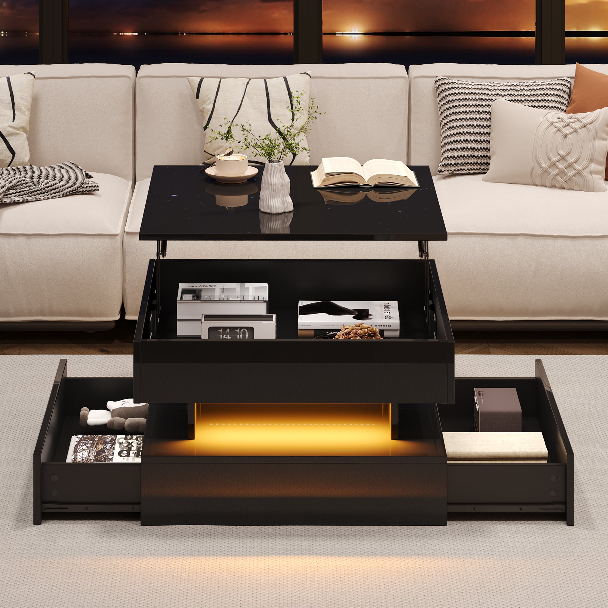 Liftable Coffee Table, 65 x 65 x 38.5 cm, High-Gloss with LED Light Strip, 2 Drawers, Black