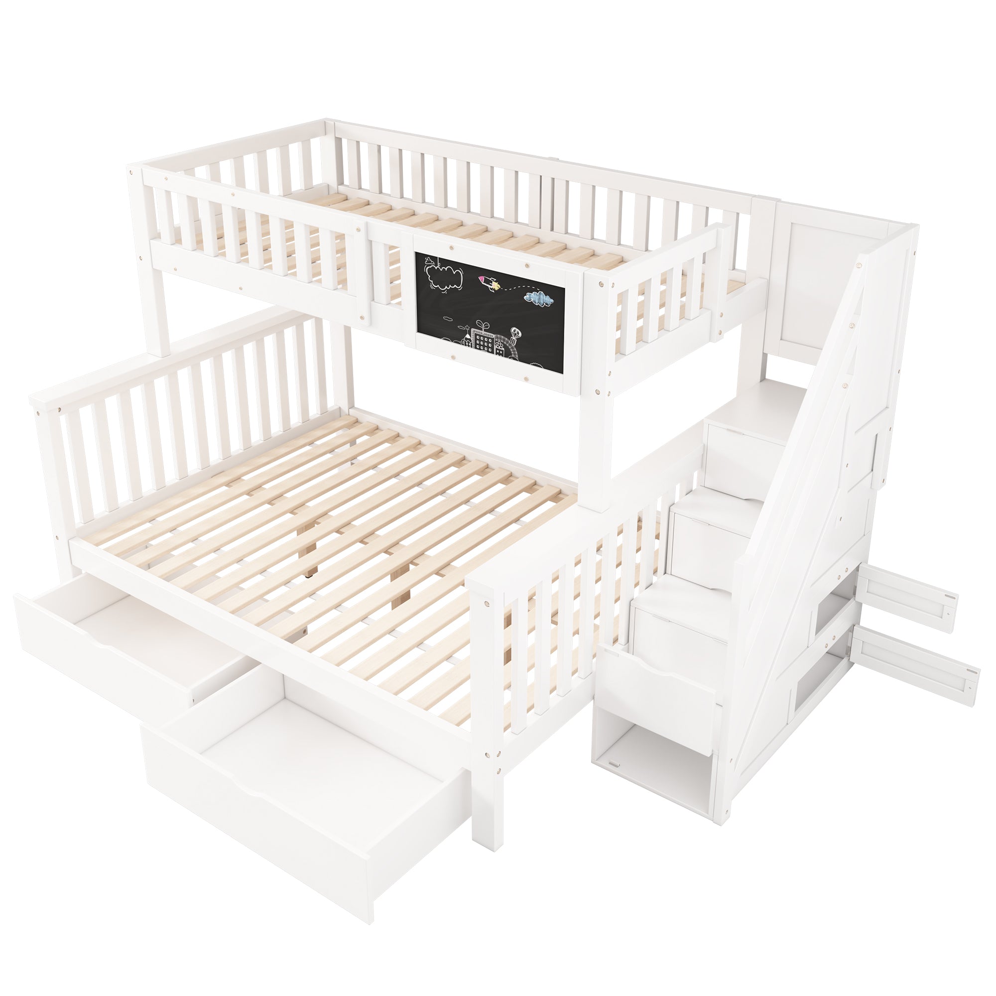 N634P250627W Bunk Bed with Chalkboard, Safety Rail, and Storage Drawers