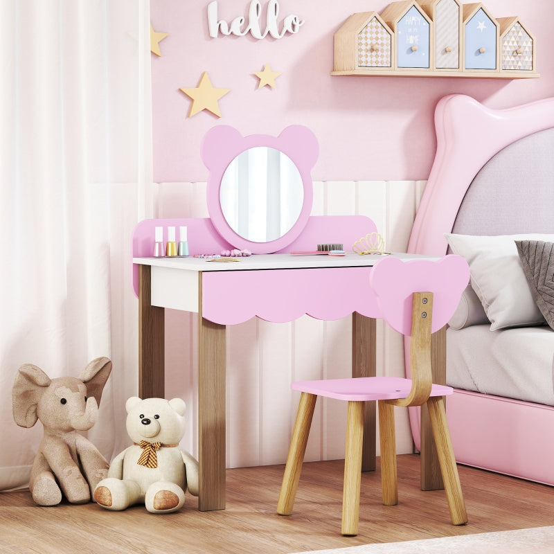 AIYAPLAY Dressing Table Set with Stool, Makeup Mirror, Bear Shape, MDF, Pink