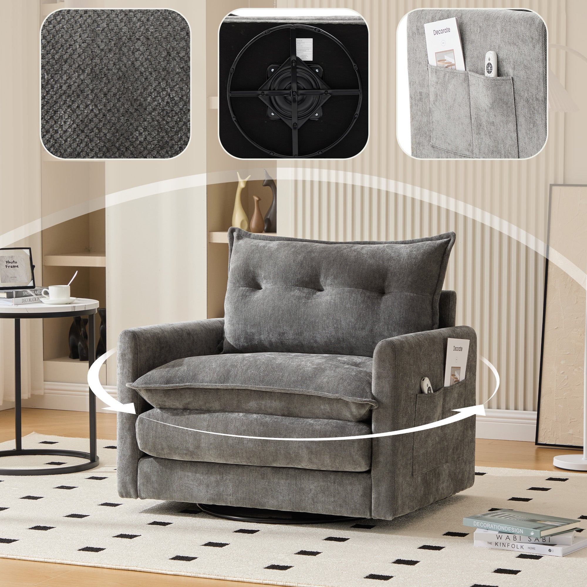 Lounge Chair, 360° Rotating Single Sofa with Armrests & Cushions, Modern Style