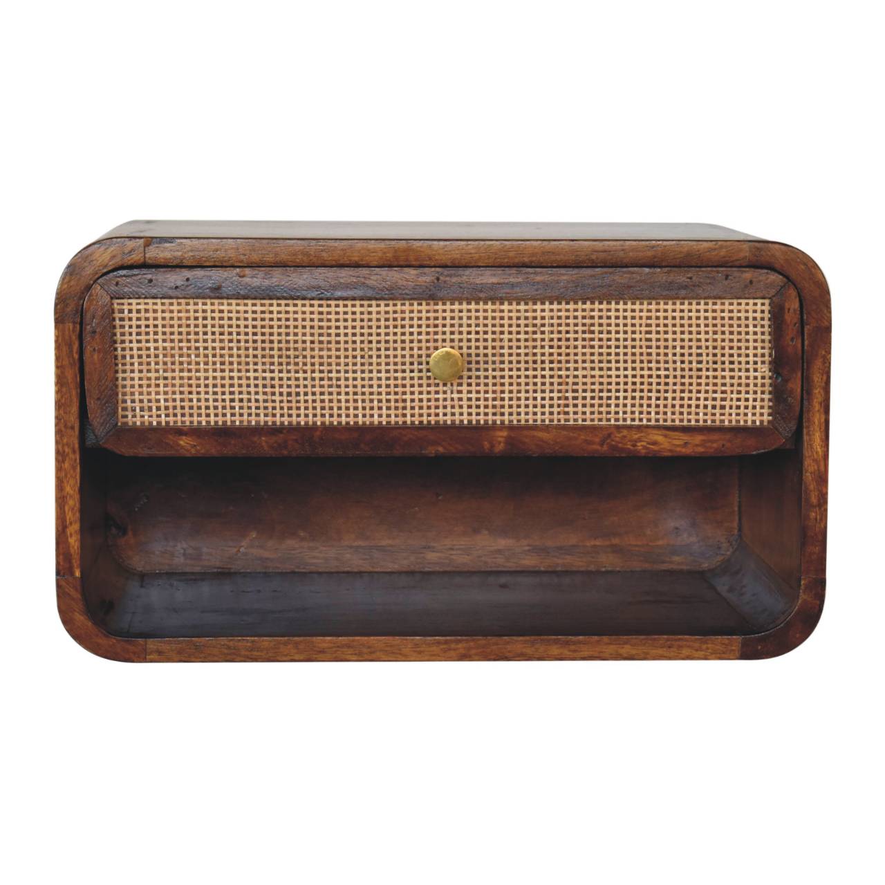 Solid Wood Chestnut Bedside, Wall Mounted Woven 1 Drawer 1 Shelf, Dark Brown