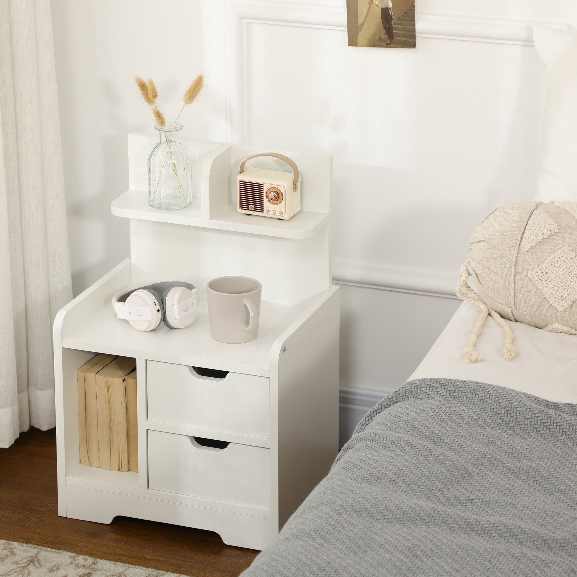 Bedside Table, Small Cabinet 2 Drawers Storage Shelves, White