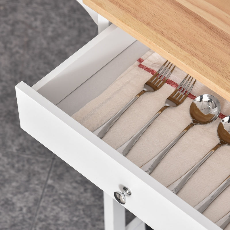 Kitchen Trolley Island on Wheels, 3 Shelves Storage Cupboard, Wood Top, White