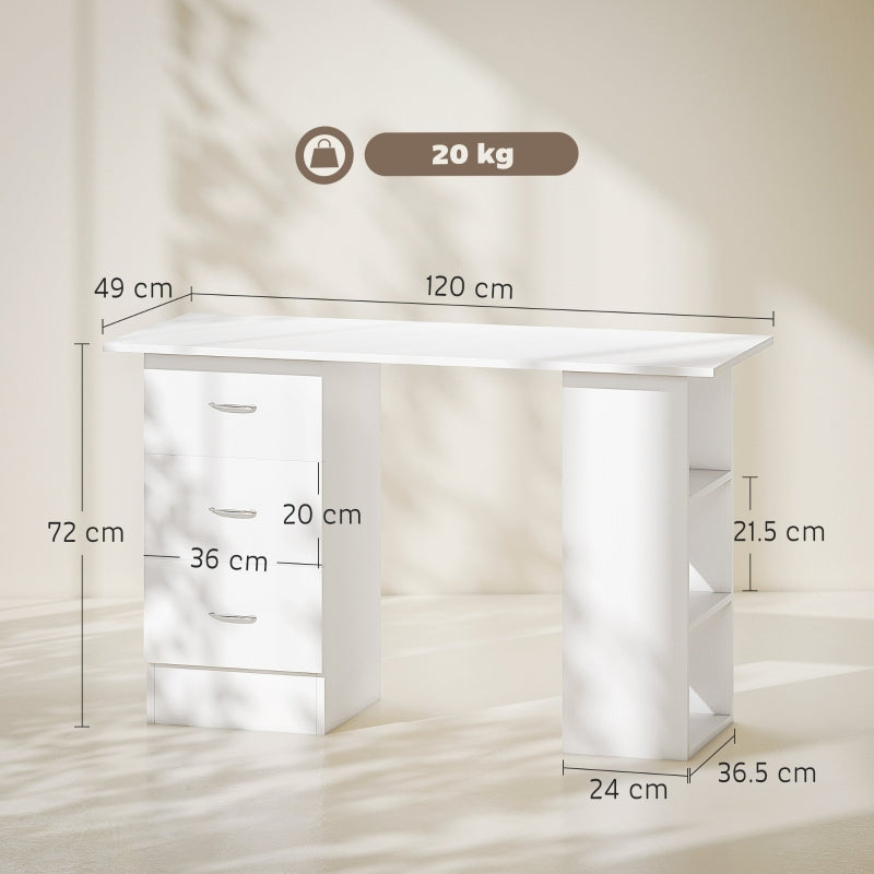 Computer Desk Writing Table PC Workstation with 3 Storage Shelves and Drawers White