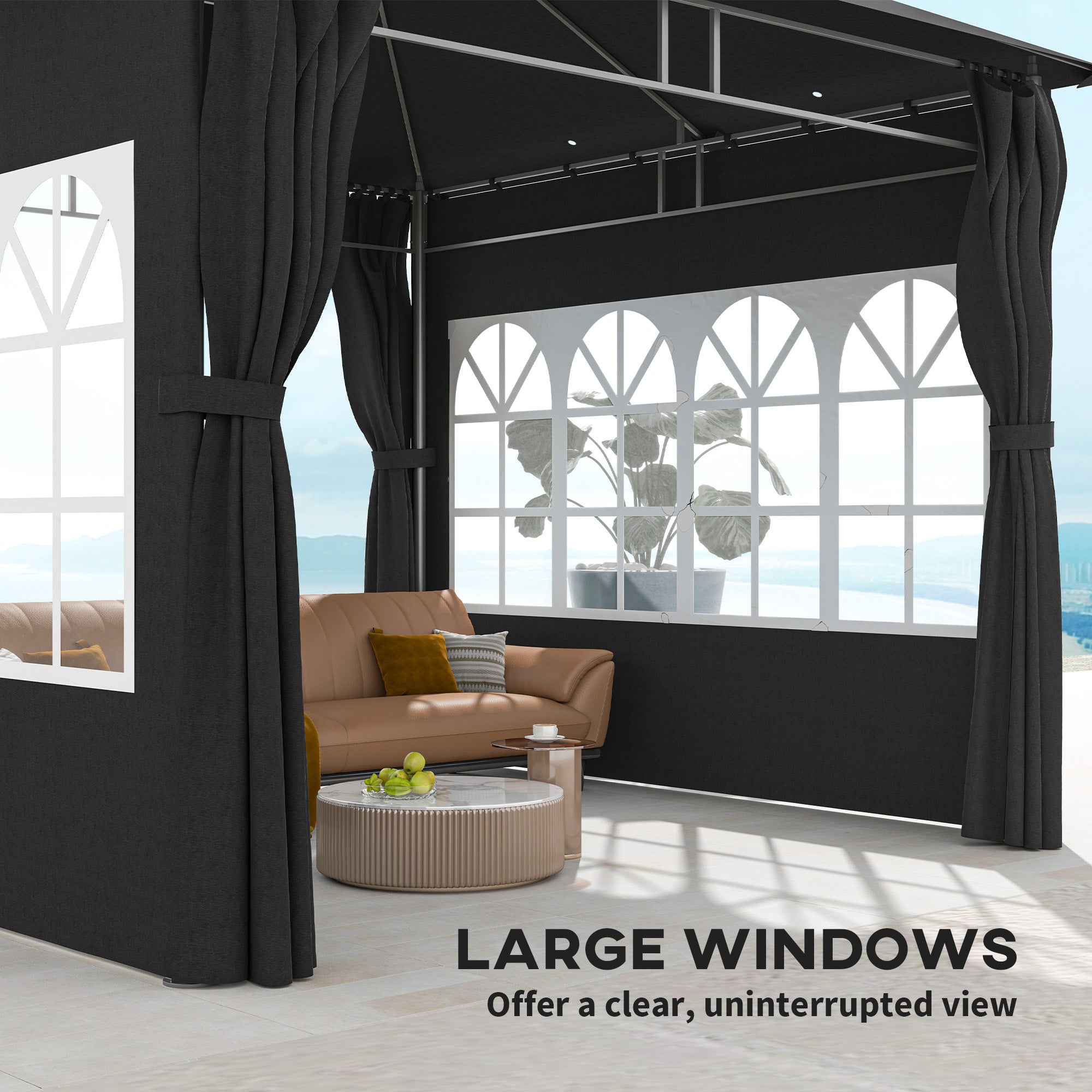 3 x 3 m Garden Gazebo, Double Roof with Removable Sidewalls and Church Windows, Black