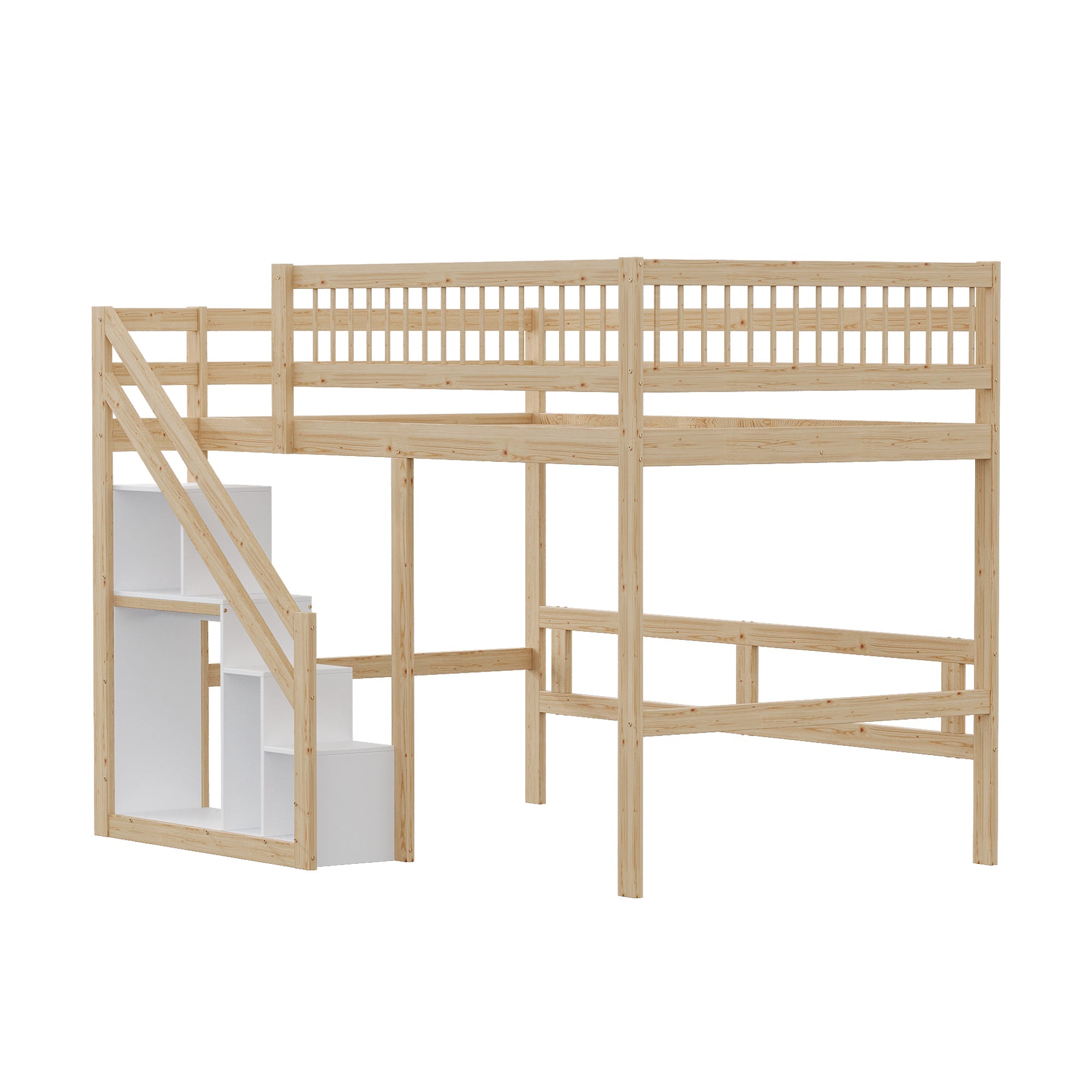 Solid wood bed 140*200, stairs with storage, high railing, wood colour
