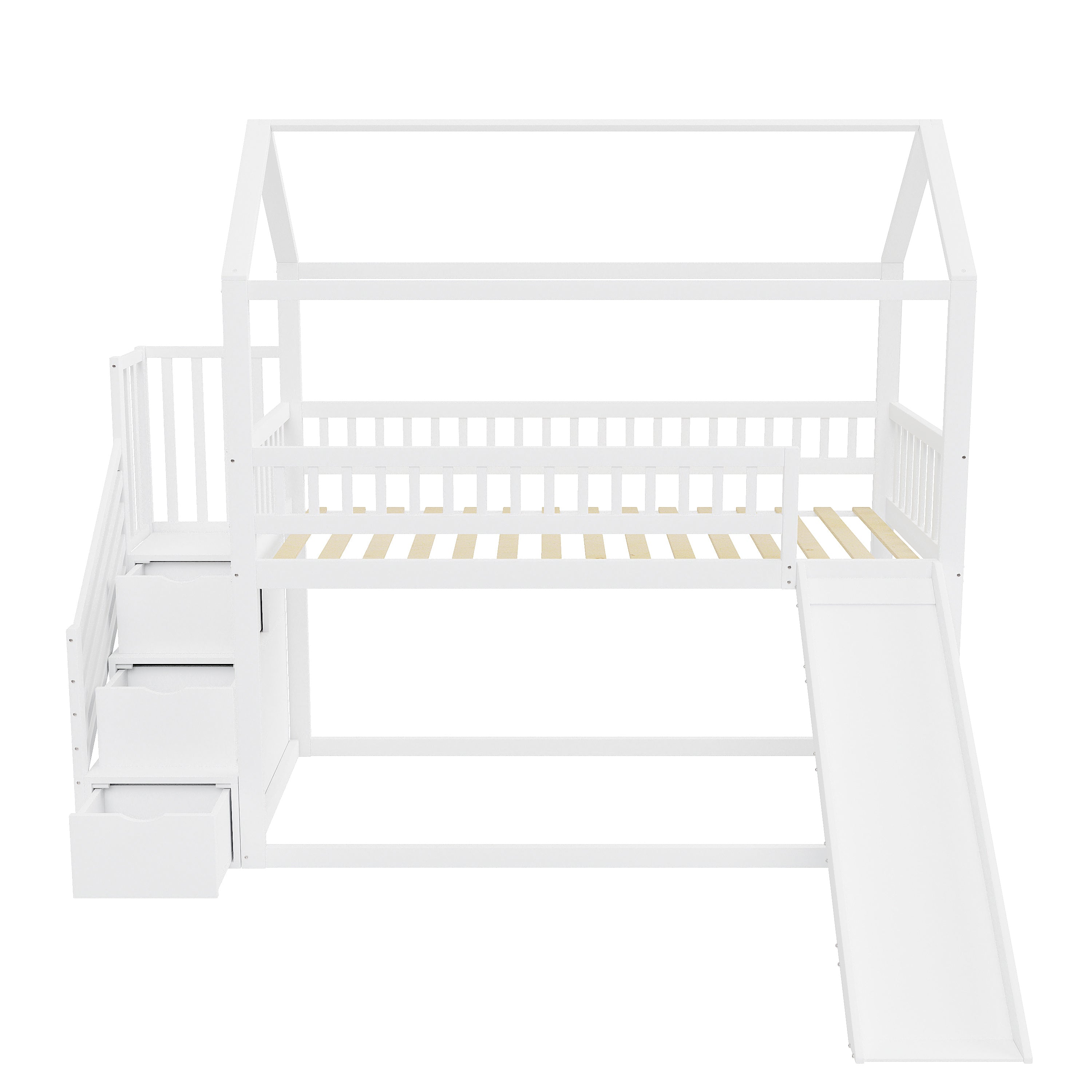 Children's Bunk Bed 90x200 cm, Loft with Slide & Storage Ladder, Solid Wood, White