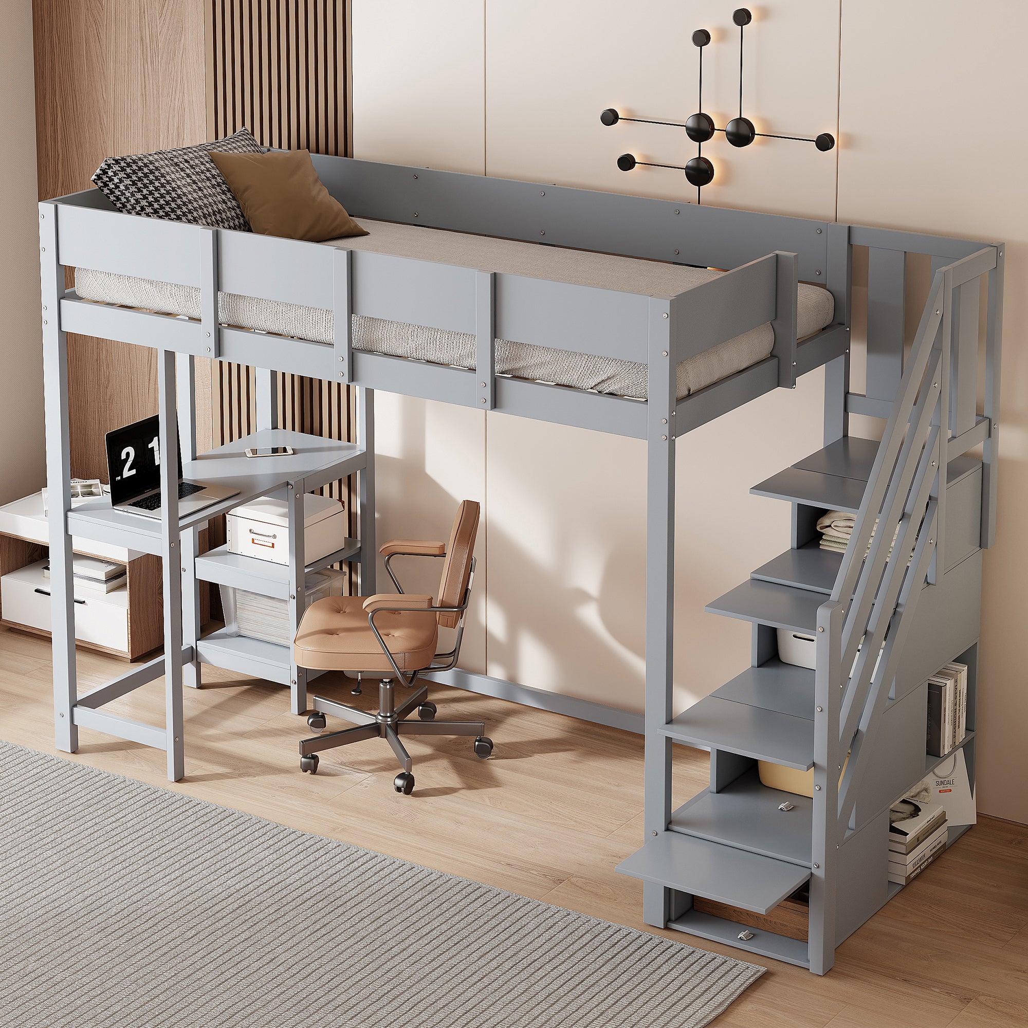 Bunk Bed, Multifunctional Loft with Storage & Shelf, Solid Pine Wood, Grey