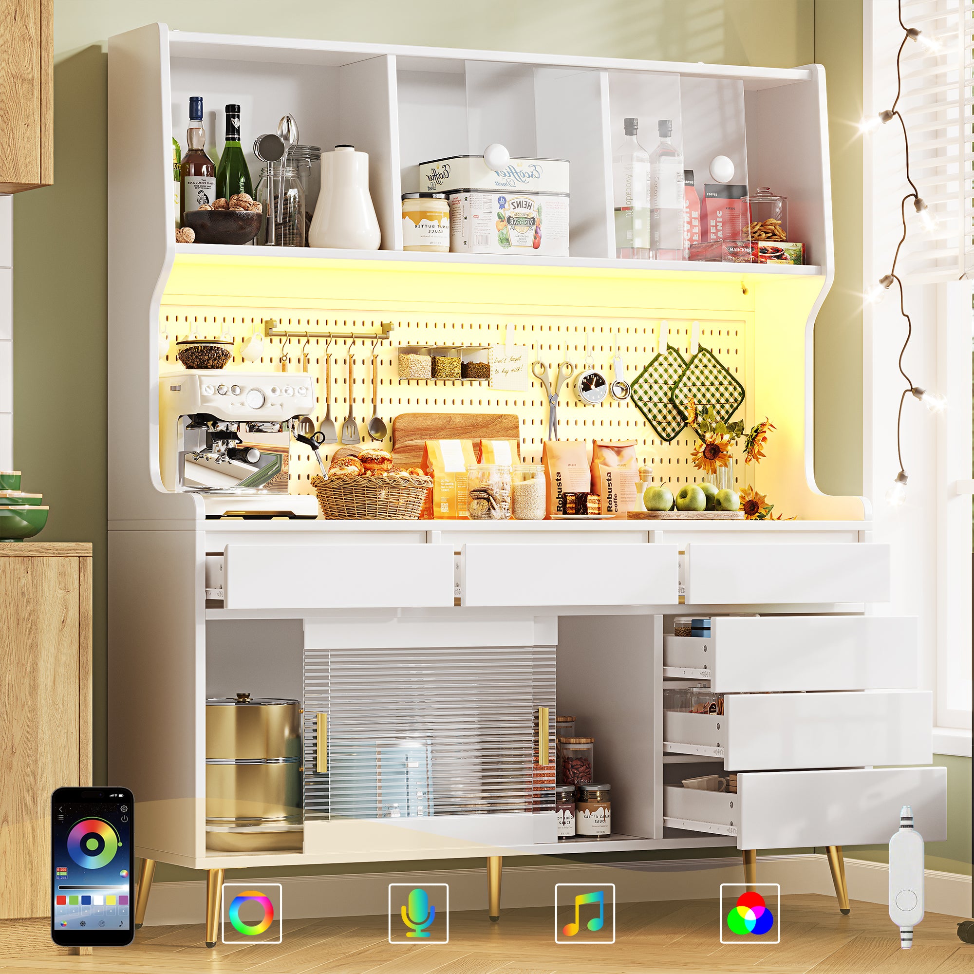 Modern Tall Cabinet with LED & App Control, Pegboard Storage - White