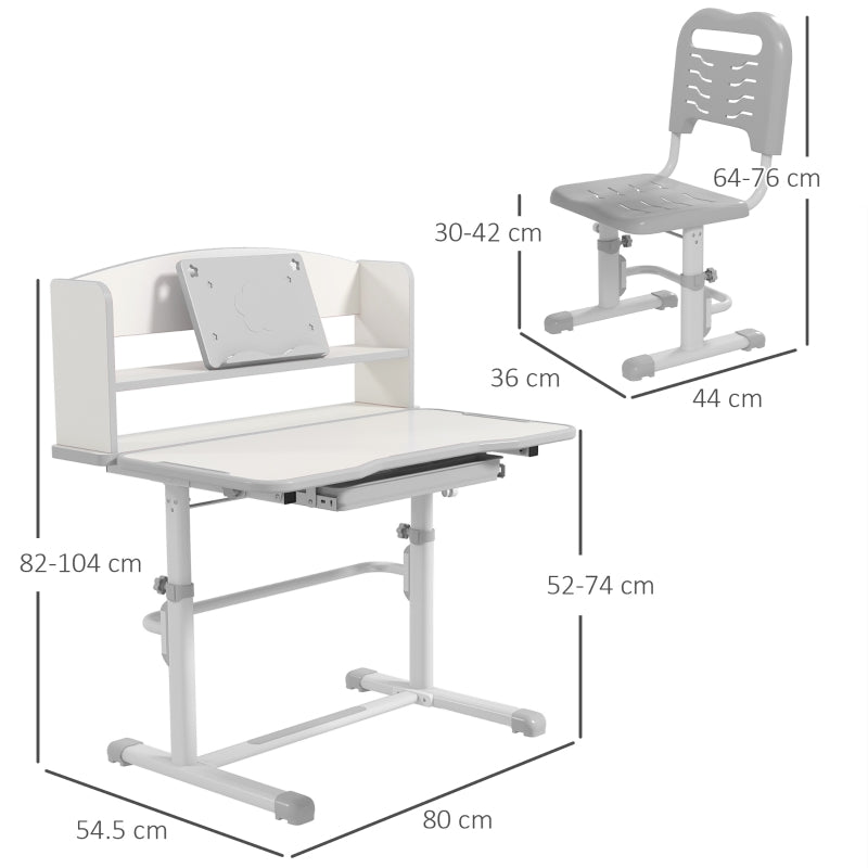 Height Adjustable Kids Study Table and Chair Set w/ Drawer, Storage Shelf, Grey