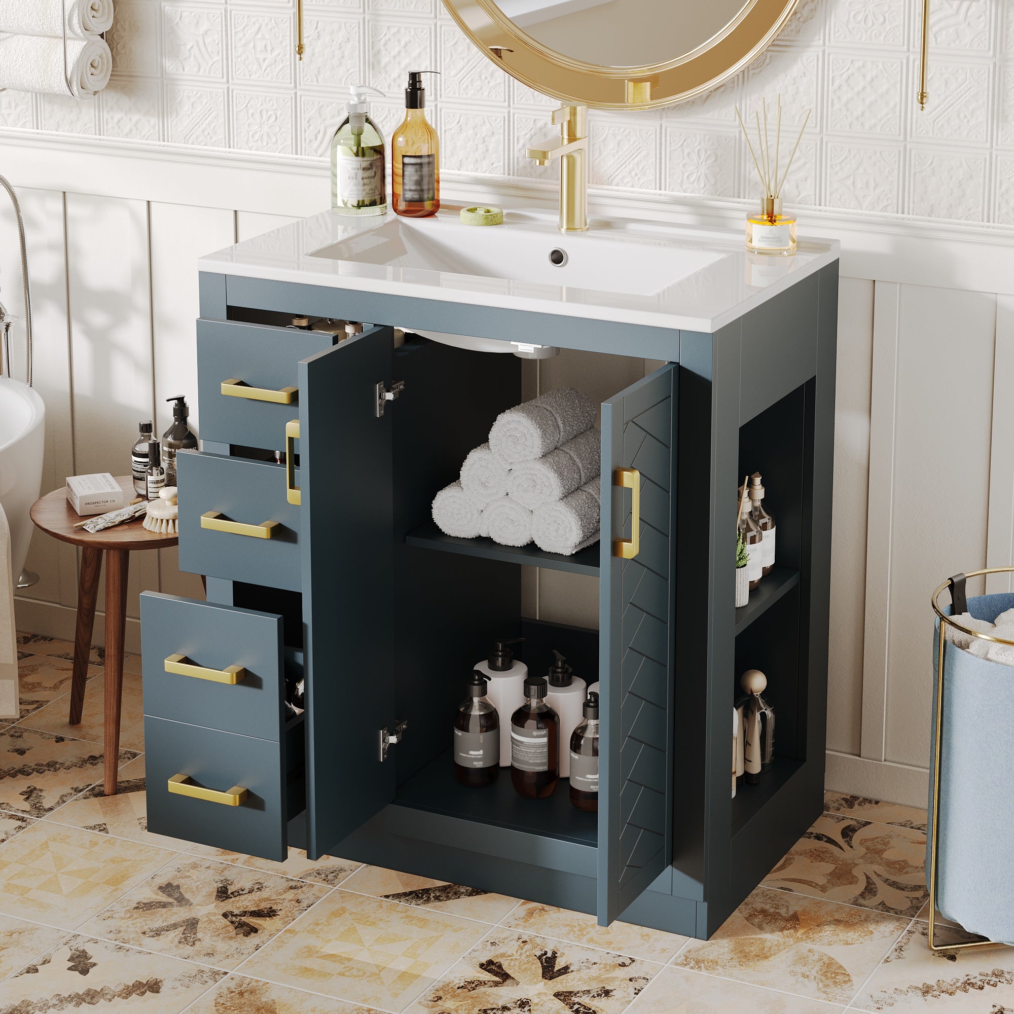 Bathroom Vanity Unit with Ceramic Sink and 3 Drawers, Blue