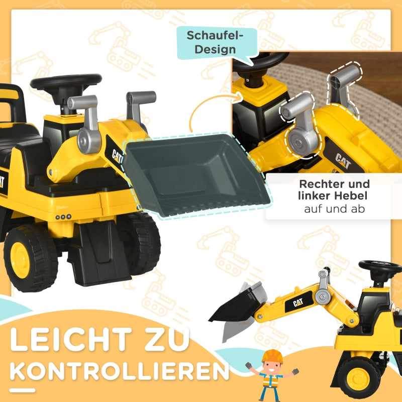 Children's excavator ride-on with operable shovel, anti-tip device, non-slip wheels, yellow and black