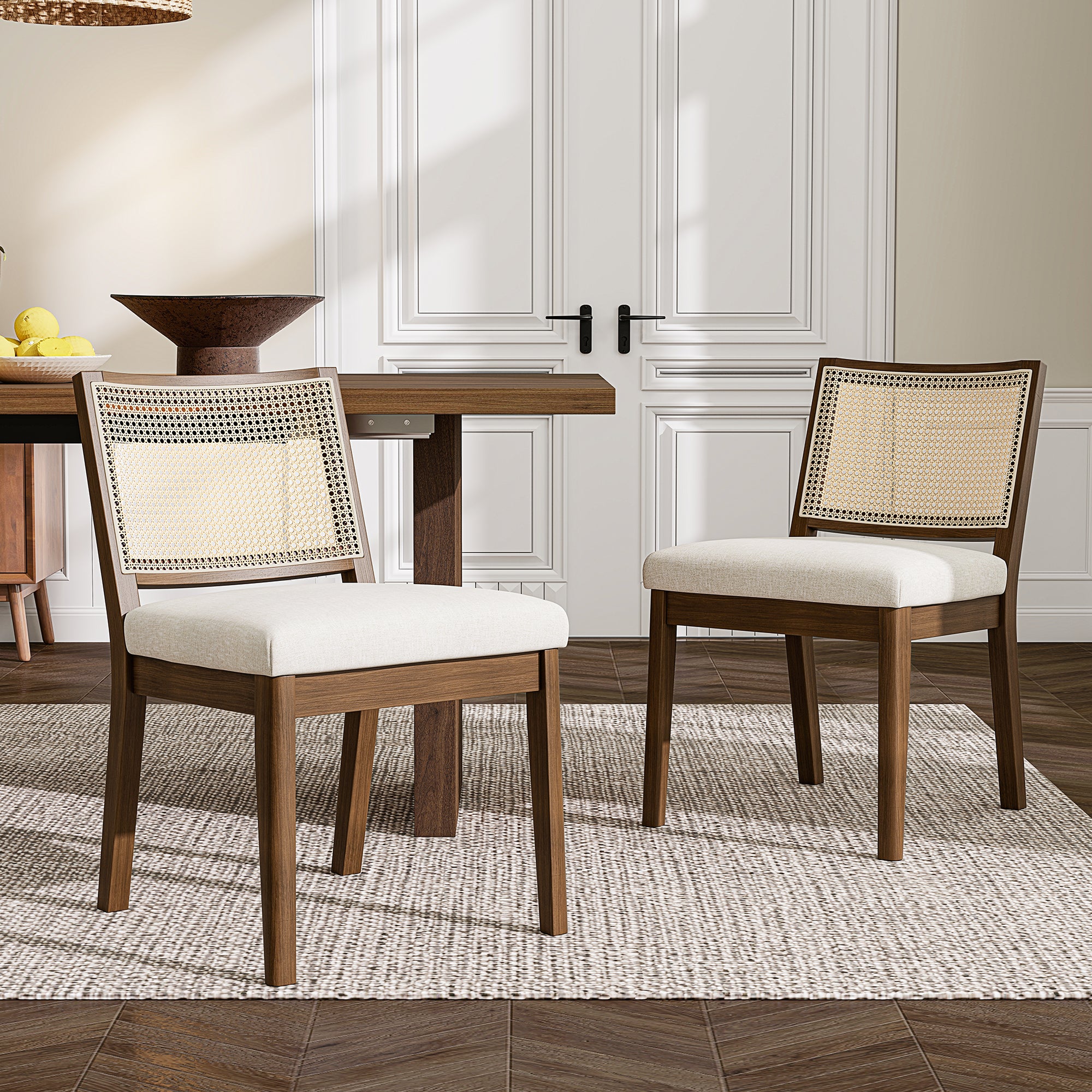 Solid Wood Dining Chairs with Rattan Backrests, Set of 2, Walnut and Linen