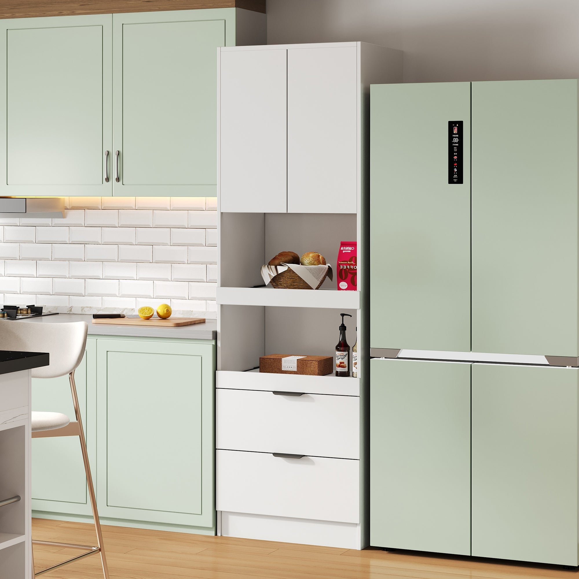 Tall Storage Cabinet 200cm High Doors Drawers Microwave Shelf - White