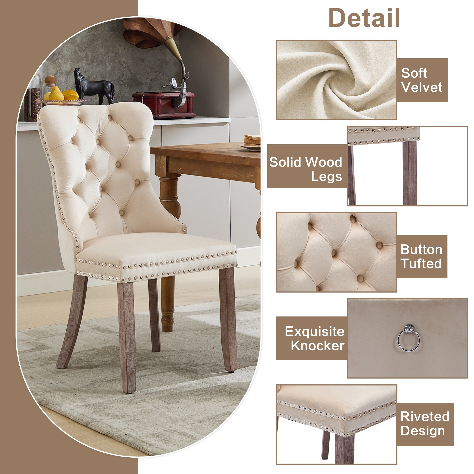 Modern Set of 2 Upholstered Velvet Dining Chairs, Button Tufted Kitchen Lounge Chairs with Brushed Wood Legs, Riveted Trim and Knocker Ring, for Dining Room Living Room, Beige (Old SKU: PP311356AAW)