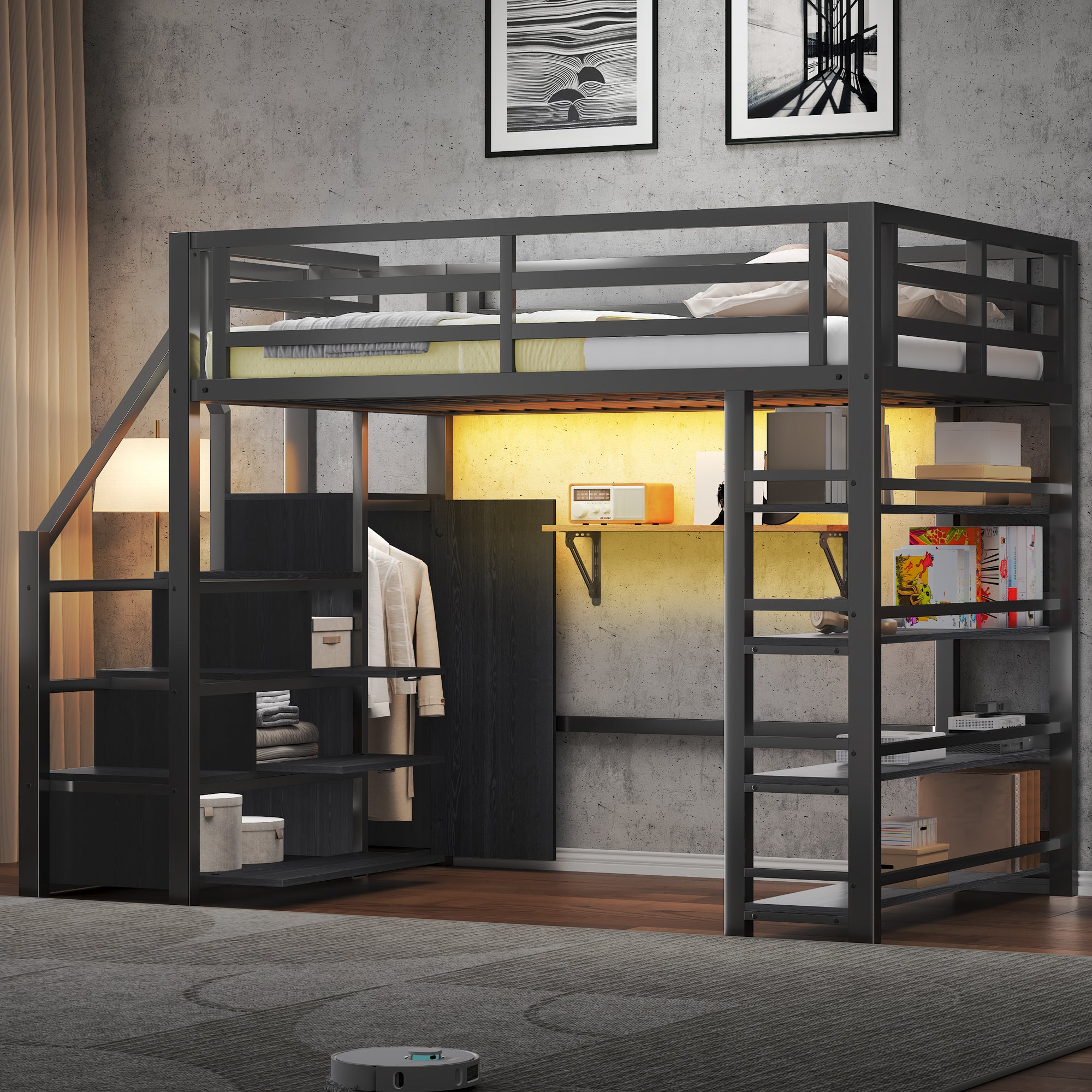 140x200 Metal Loft Bed with Wardrobe, Cabinets and LED Lighting, Black