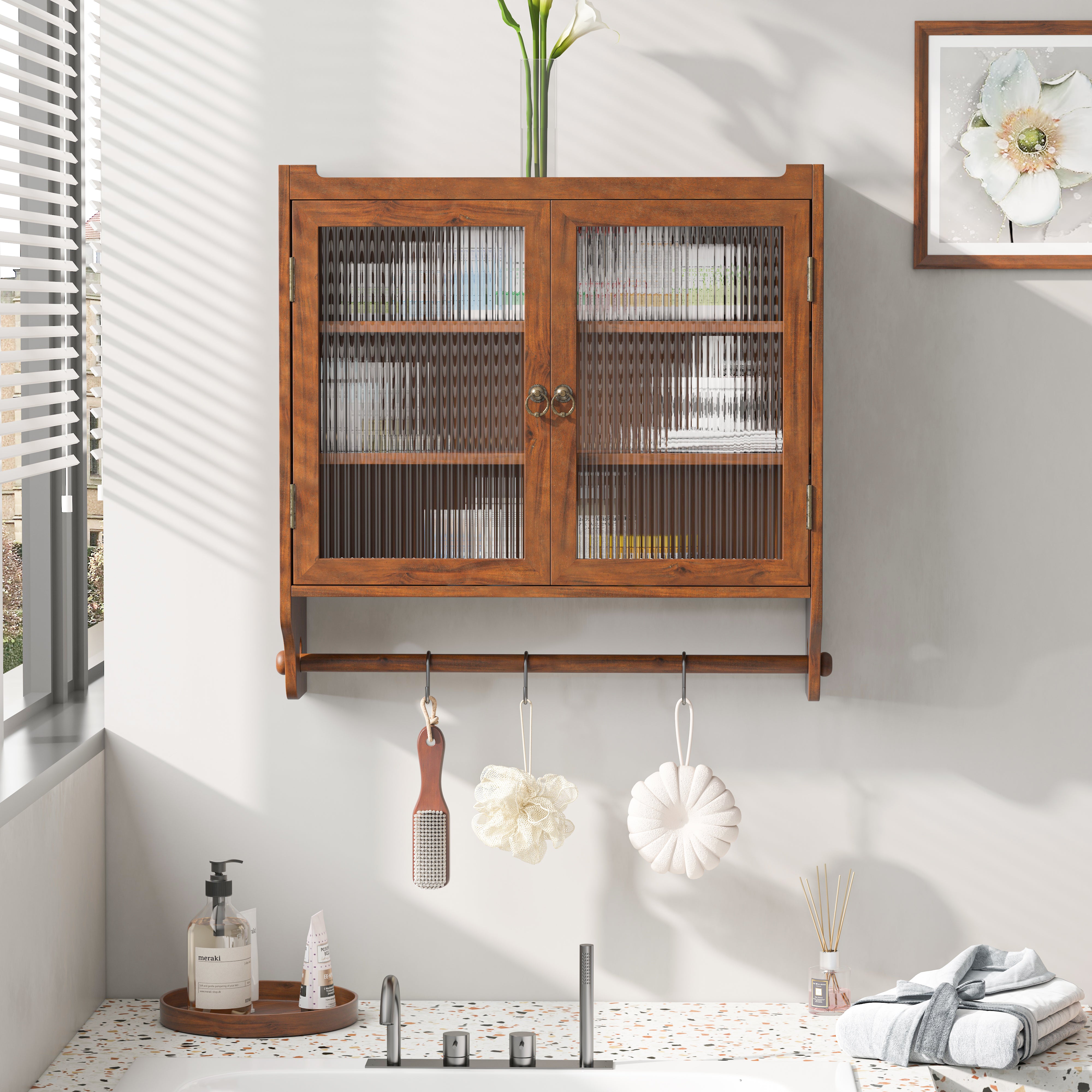 Wall Cabinet 63CM, Double Door Vintage Glass with 3 Tiers, Towel Rack, Brown