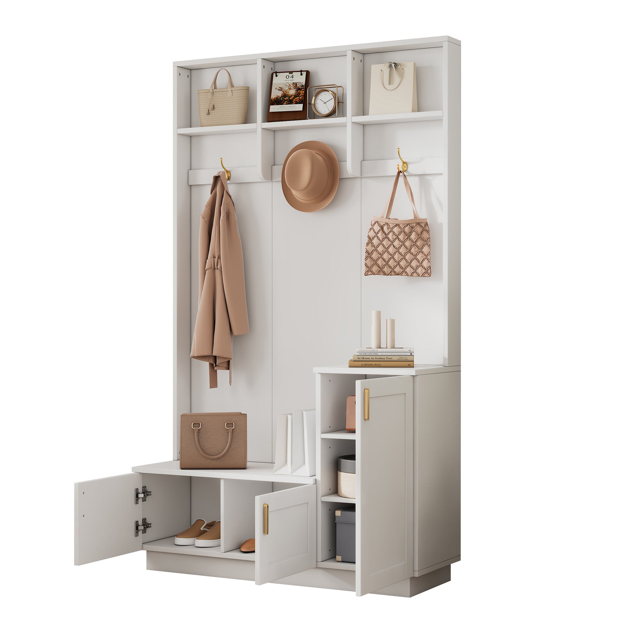 Wardrobe Set with Bench & Shoe Rack, Multifunctional Storage, White