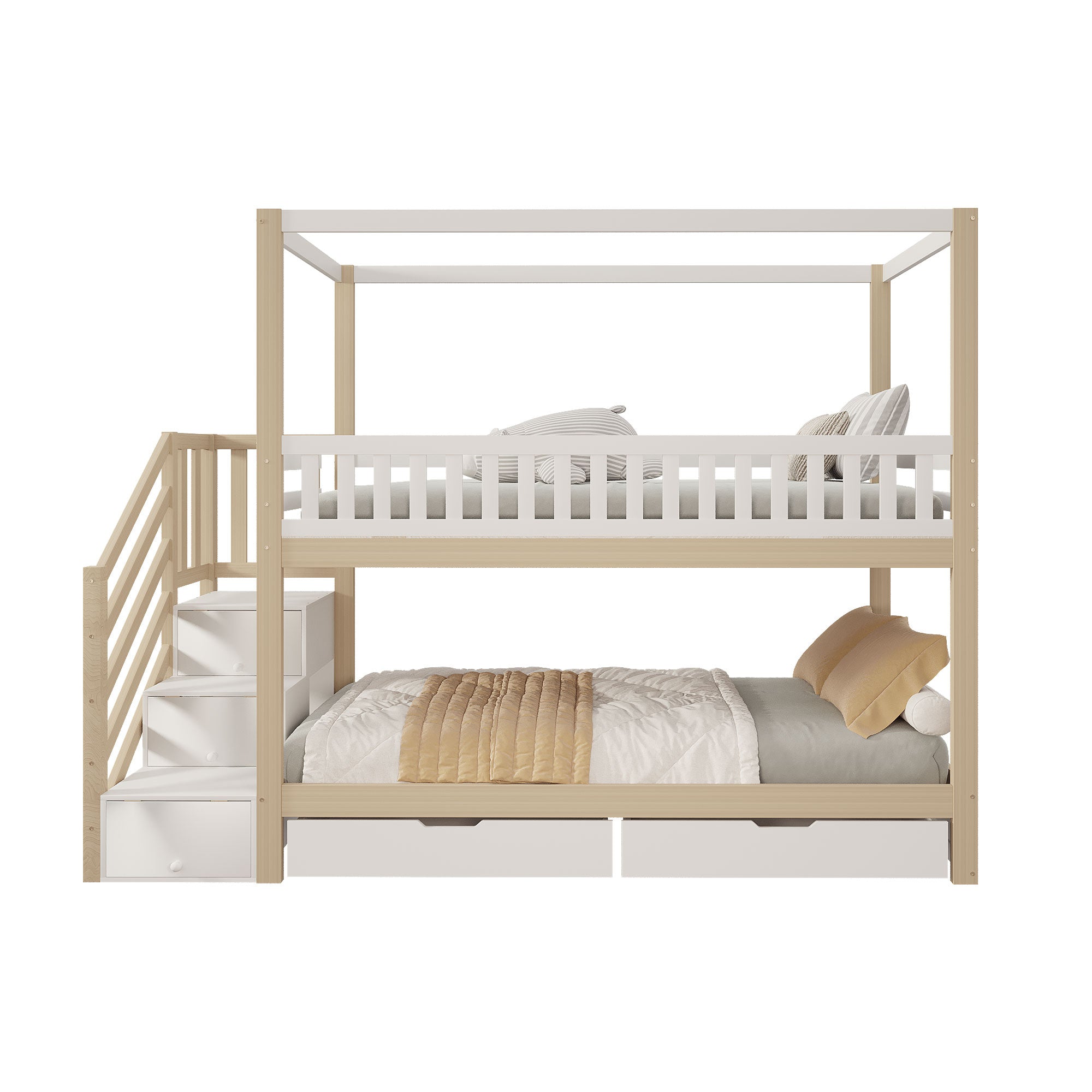 Bunk Bed, 90x200cm Solid Wood Double with Storage & Ladder, White & Wood