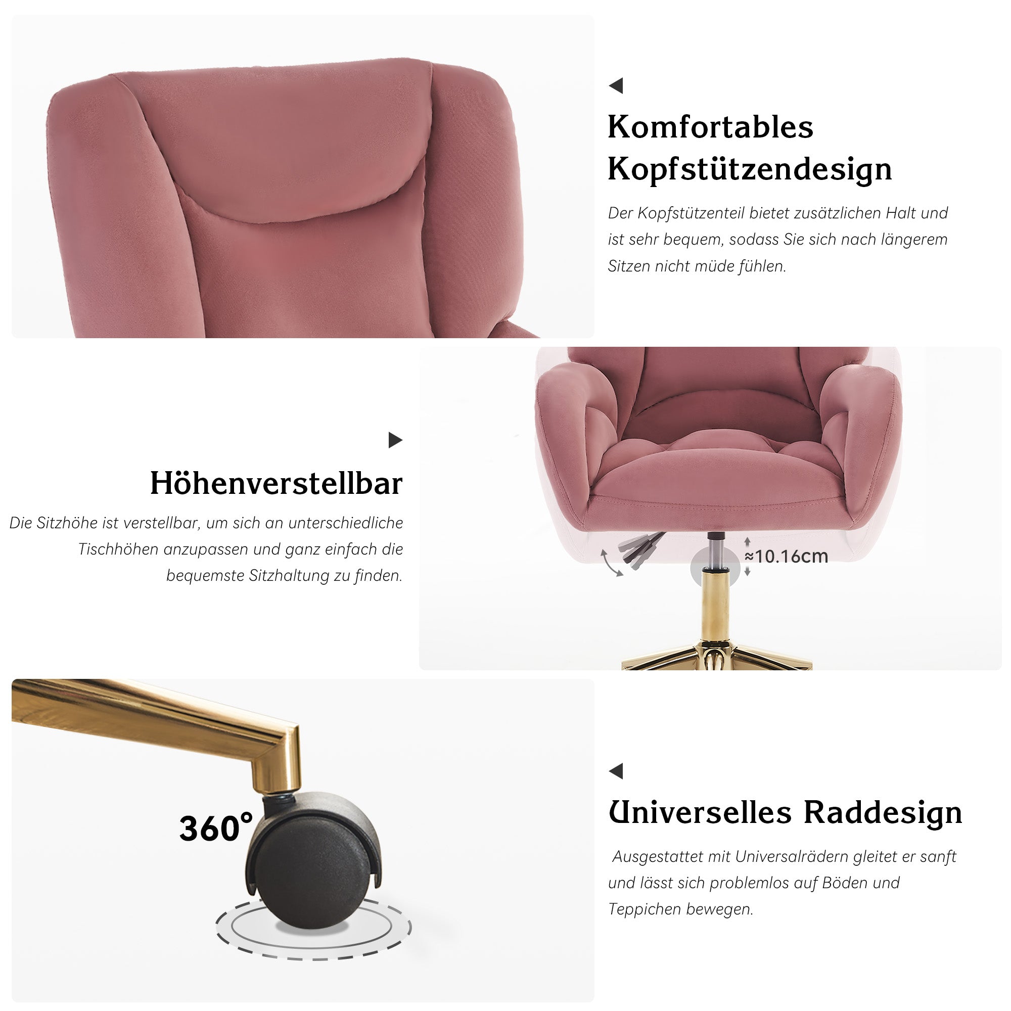 005 Swivel Chair Height-Adjustable Home Office Gold Legs, Velvet Pink