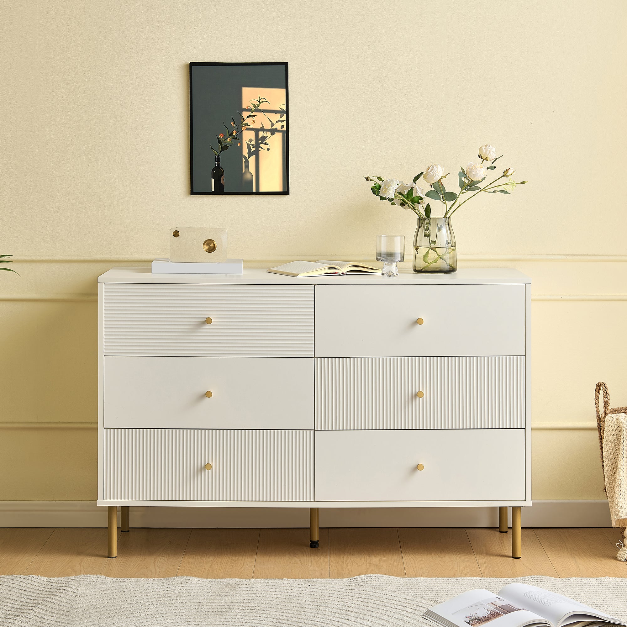 Chest of Drawers, 6-Drawer Storage with Steel Legs, White MDF