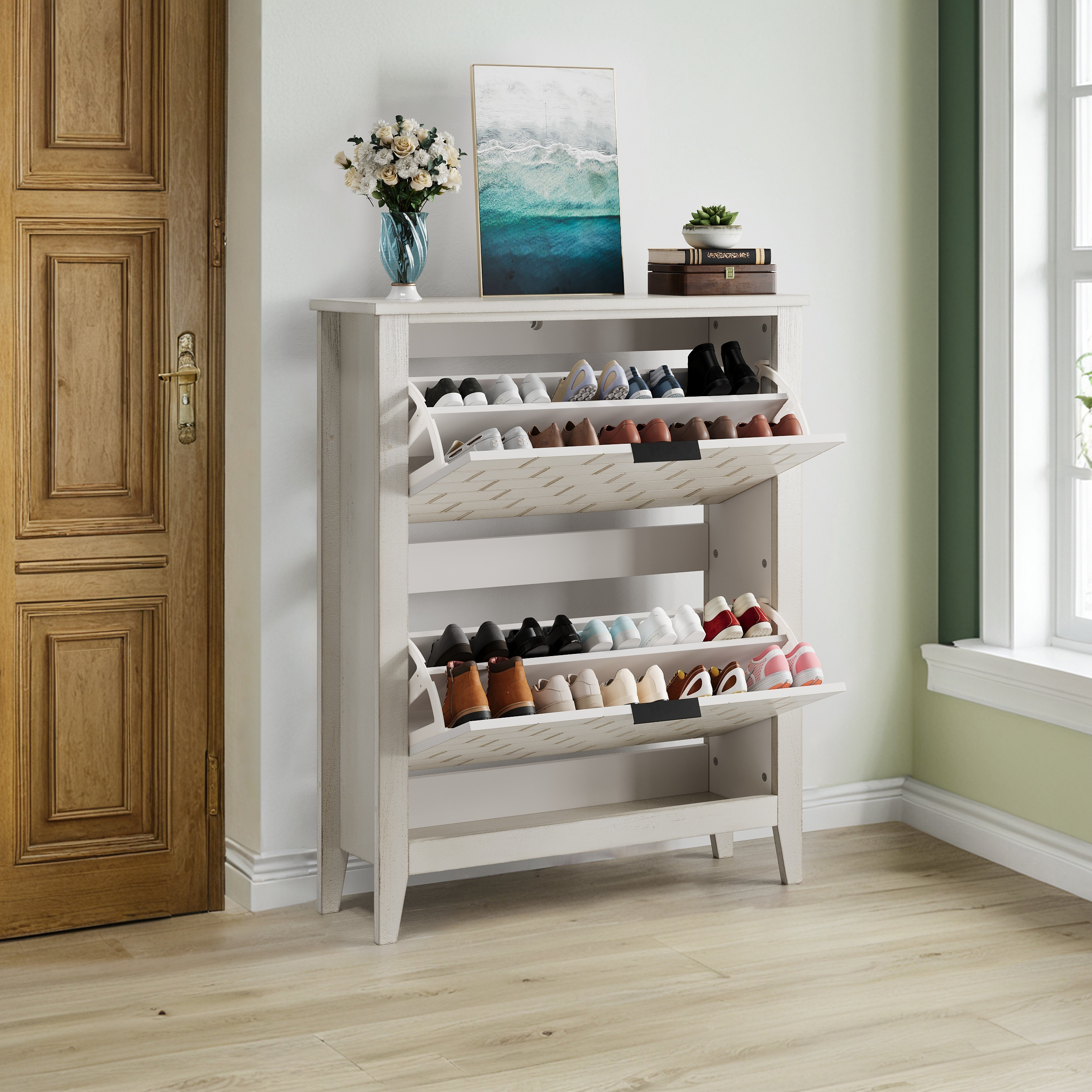 Vintage shoe cabinet, 80 cm, 2 folding drawers, white