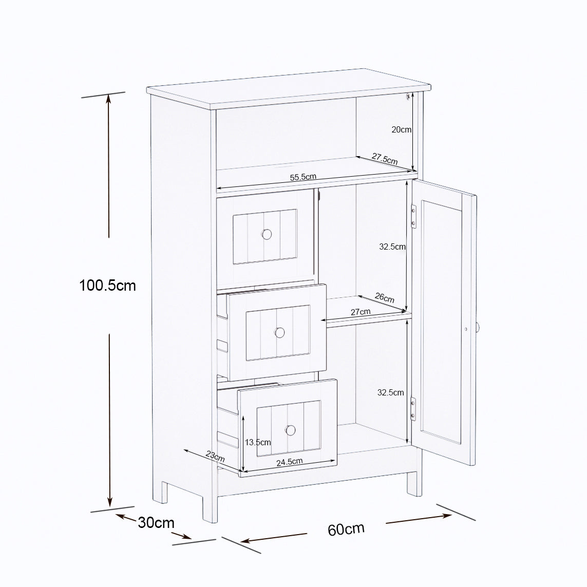 Bathroom Standing Storage Cabinet, 3 Drawers 1 Door - White