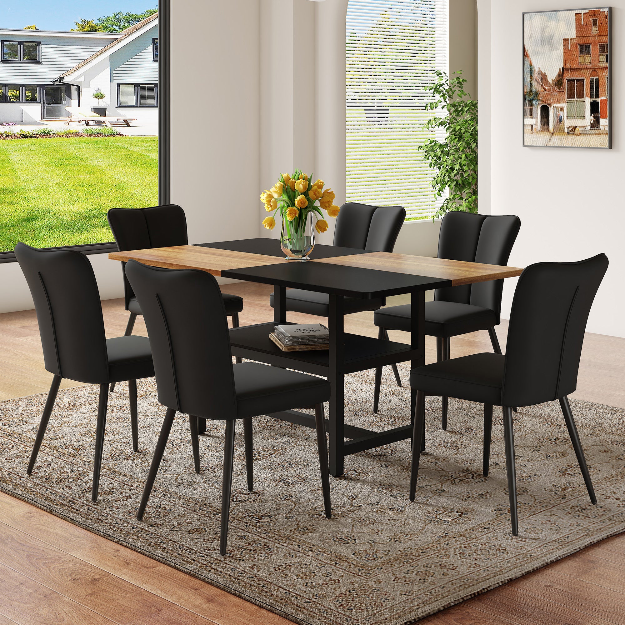160 cm Rectangular Dining Table Set, 6 Black PU Chairs with Storage, Black Metal Legs