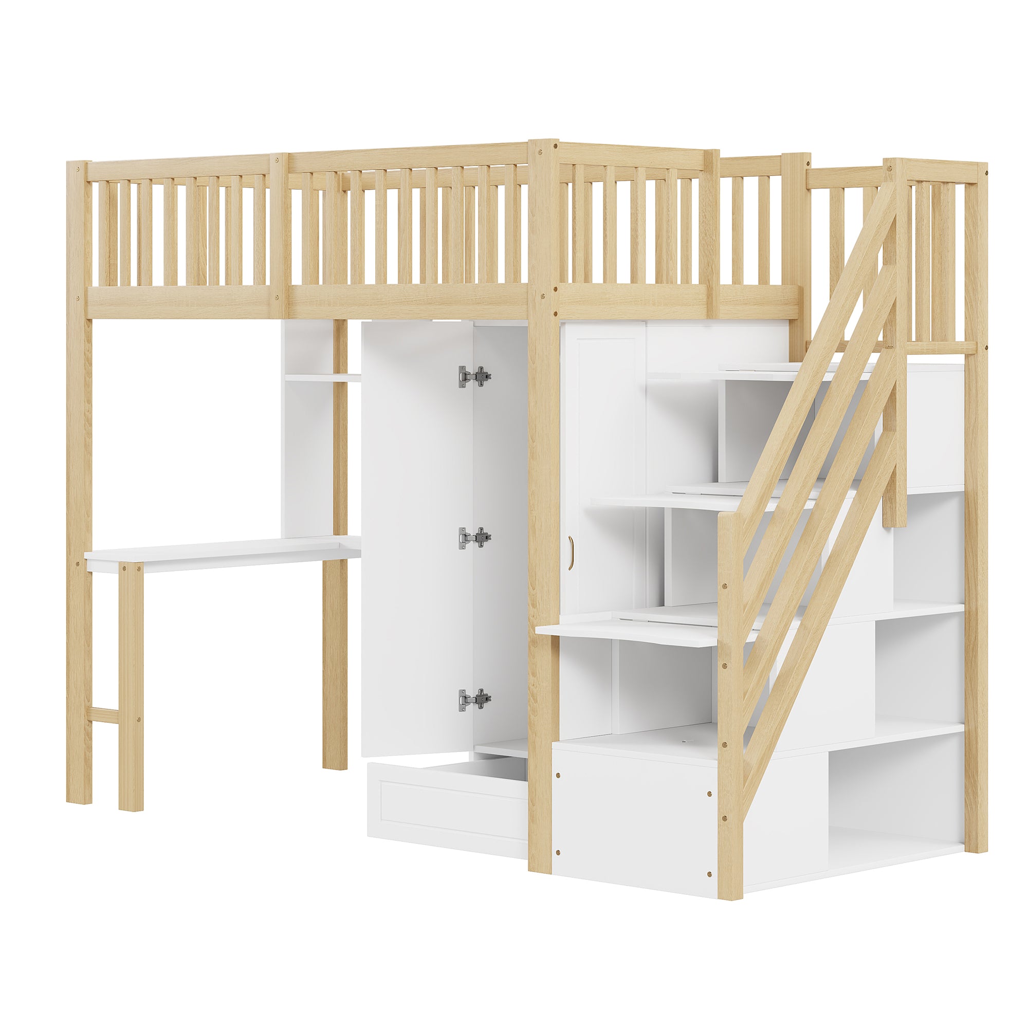 Loft Bed, 90x200 Wardrobe, Shelf, Table, Storage Stairs, Wooden