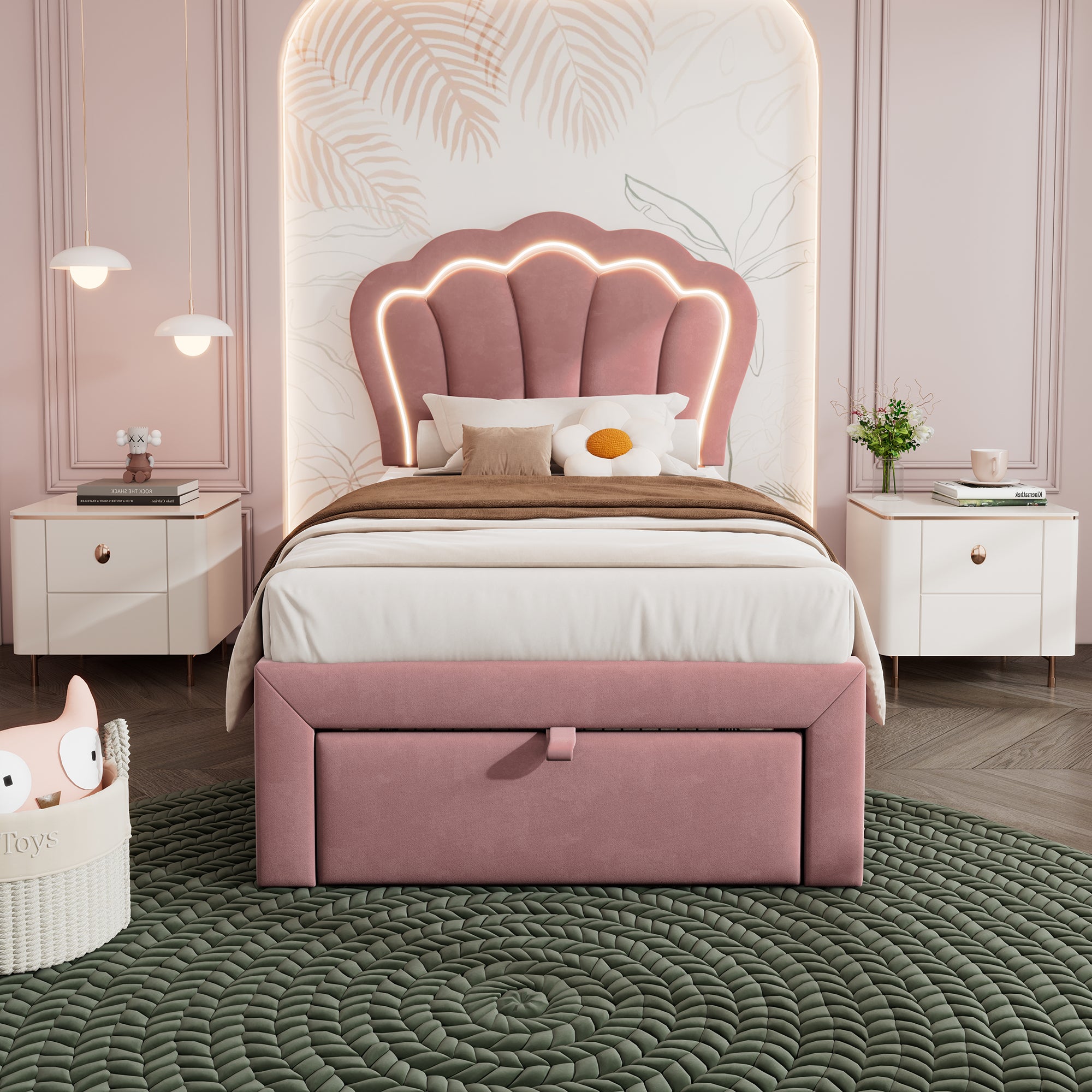 Children's Bed, LED Single with Drawers, APP-Control, Adjustable Headboard, Velvet Pink