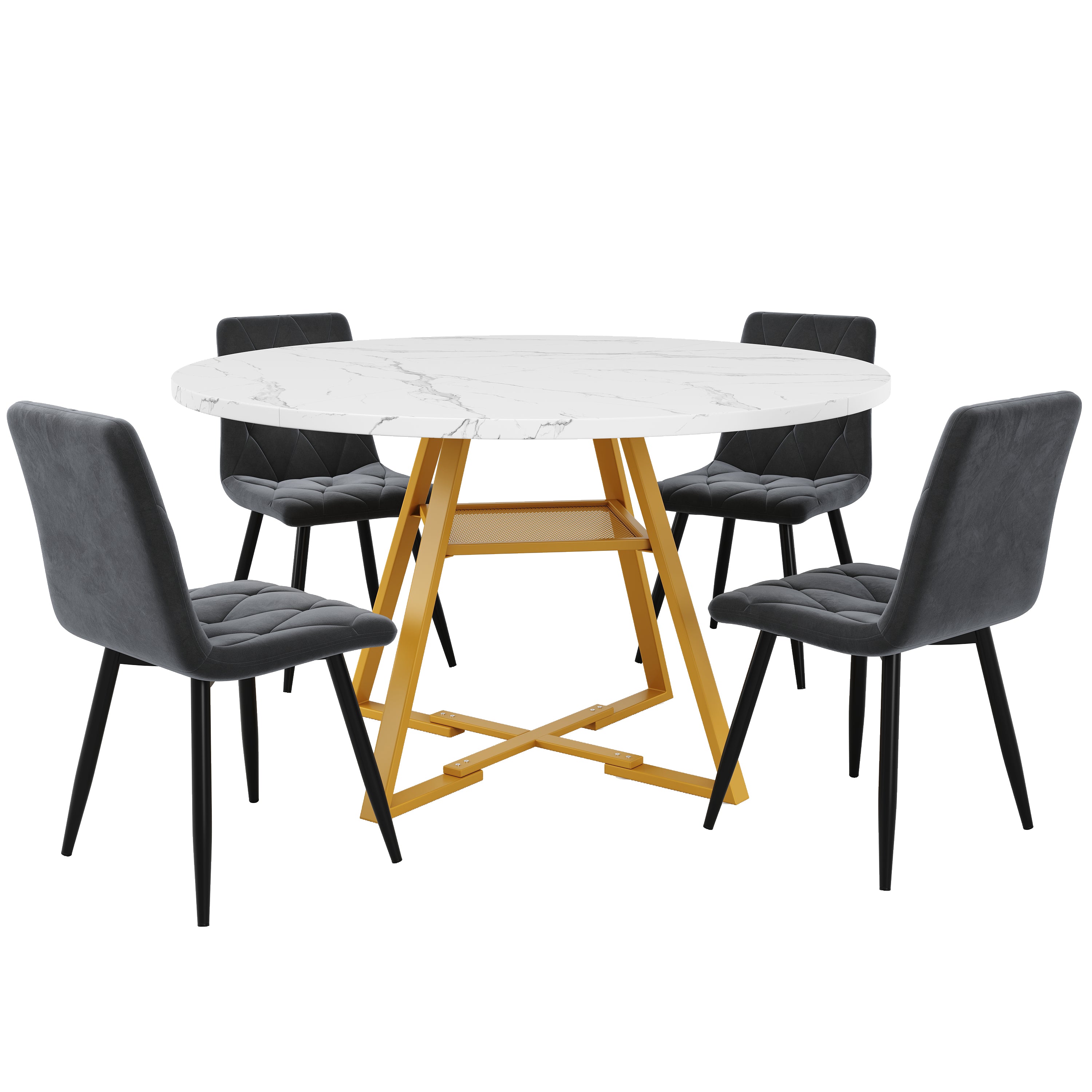 Round Dining Table, Marble Look with Metal Legs, Black/White