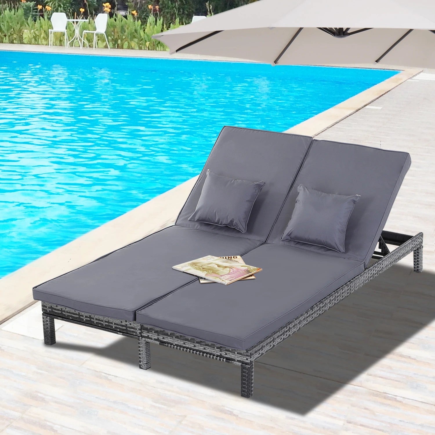 2 Seater Rattan Lounger Adjustable Double Chaise with Cushion - Grey