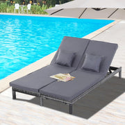 2 Seater Rattan Lounger Adjustable Double Chaise with Cushion - Grey