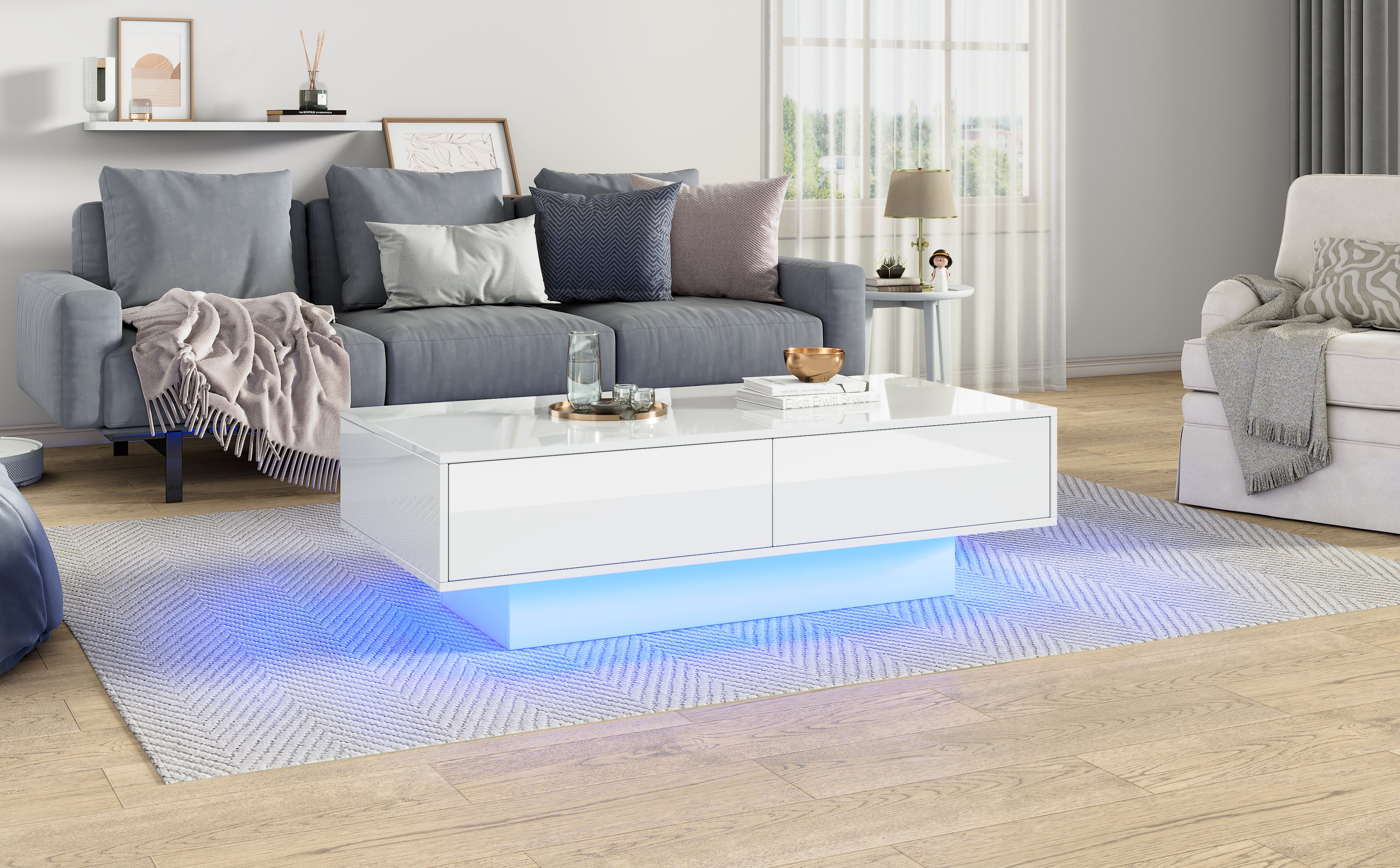 Coffee Table, Modern High-Gloss with 2 Drawers, LED Lighting, White