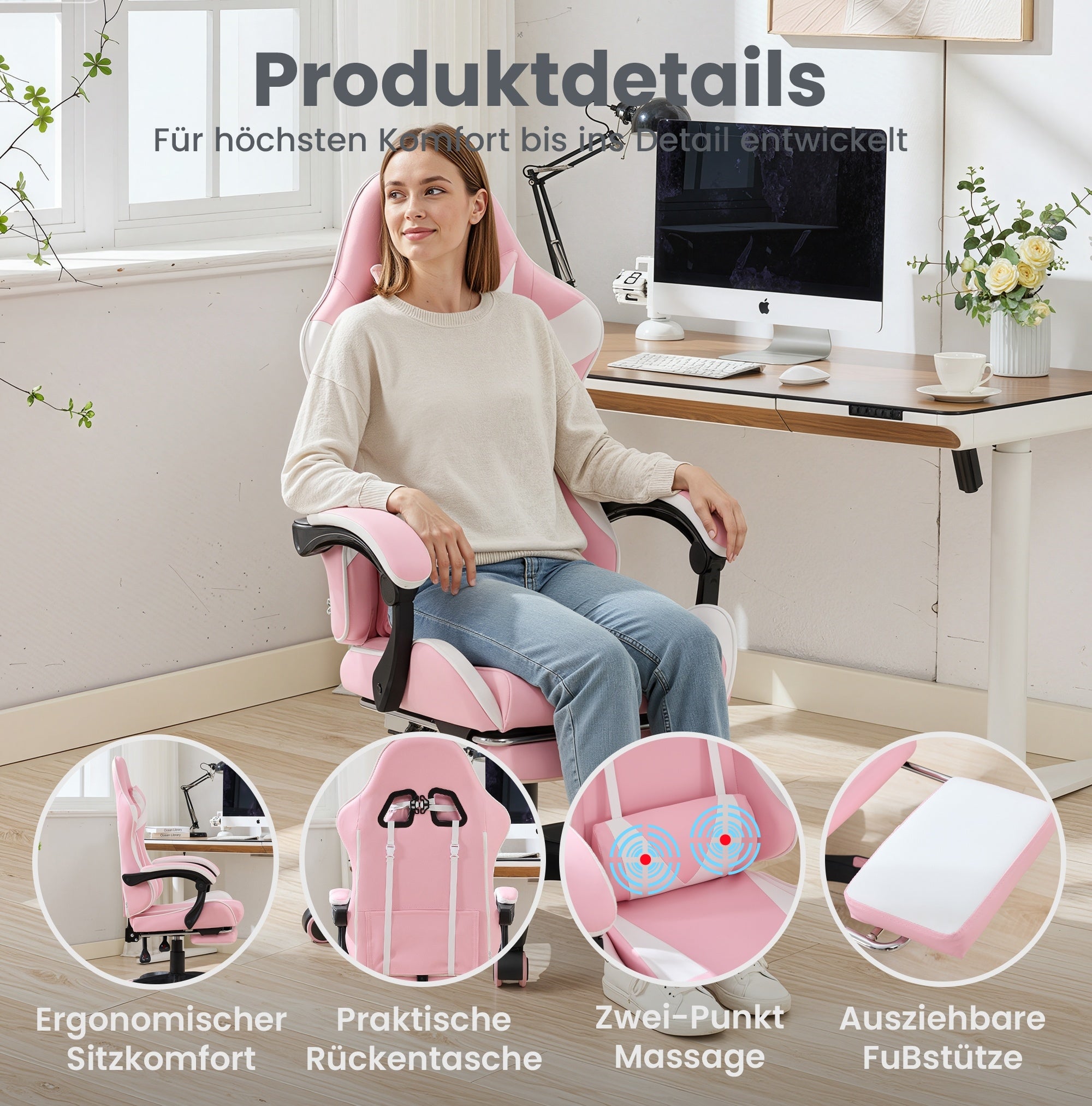Gaming Chair 360° Swivel Ergonomic Racing High-Back Adjustable with Footrest and Lumbar Support – White & Pink Leather