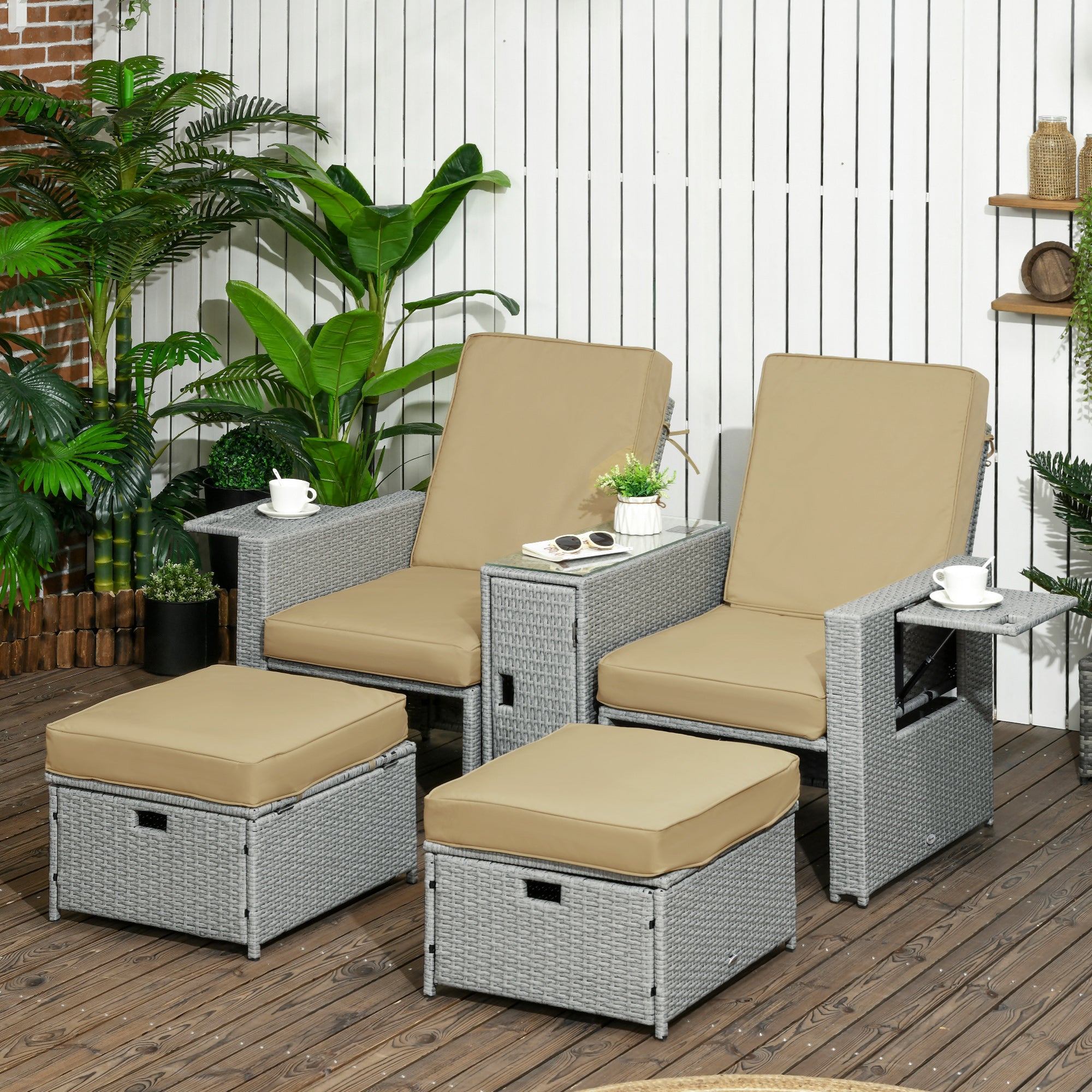 5PC Sun Lounger Set, 5-Level Adjustable Recliner with Storage Side Table & Footstools, PE Rattan Wicker, Beige