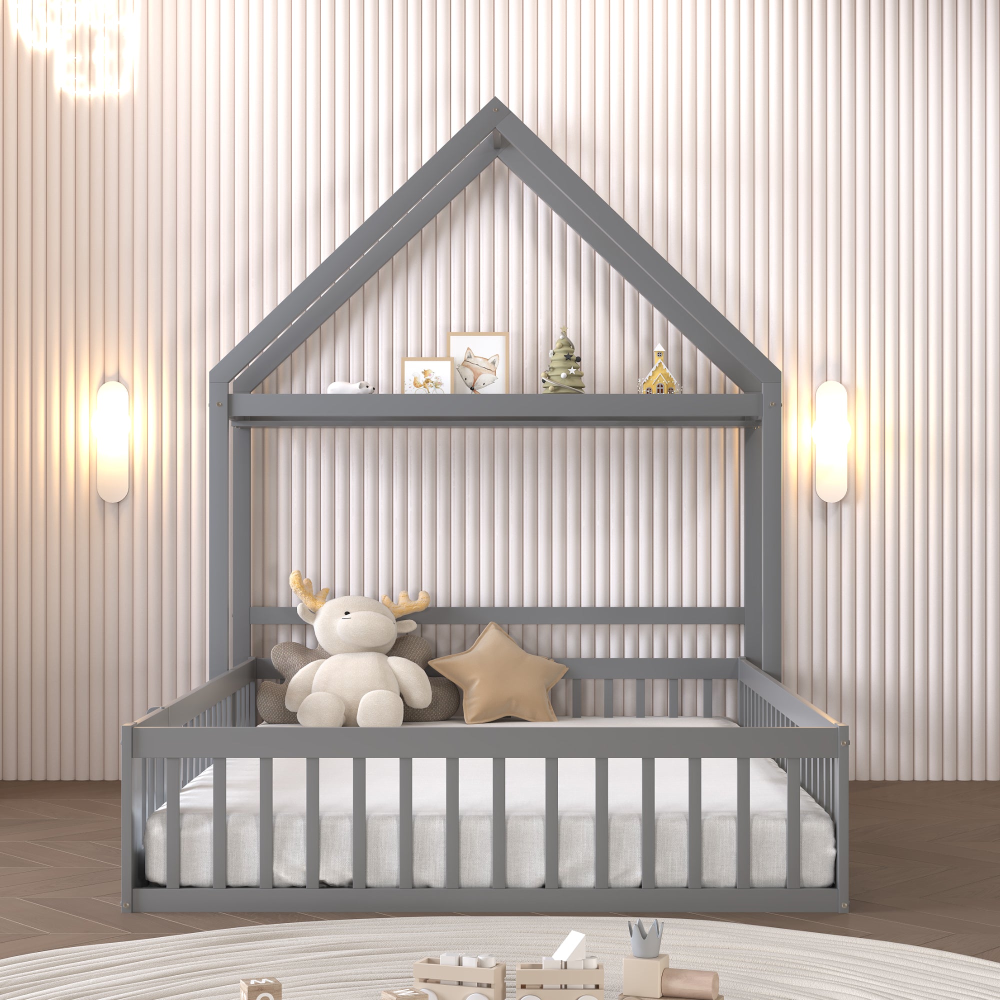 Children's Bed, 140x200 Solid Wood with Storage, Full Safety Gate & Slatted Frame, Grey
