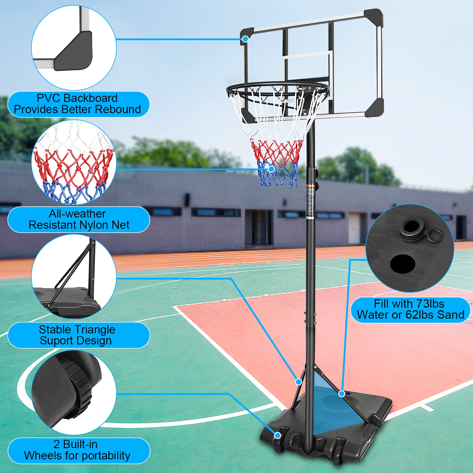 Portable Basketball Hoop, Adjustable Height, with Wheels, Black