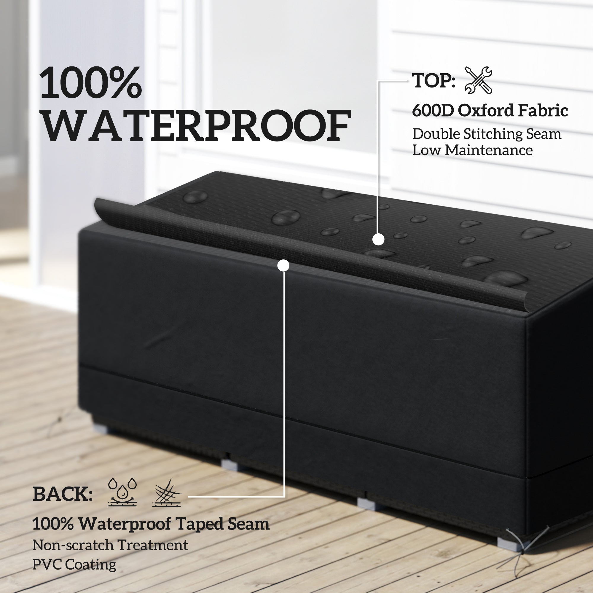 Rectangular Patio Garden Furniture Cover, Waterproof UV Resistant 3 Seater Sofa Bistro Set, 190 x 72 x 76cm, 600D Oxford Fabric, Black